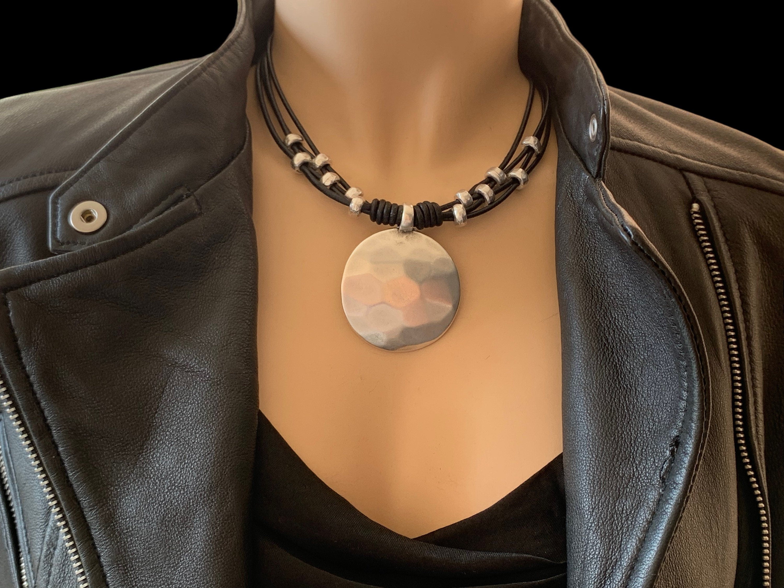 Chunky silver plated hammered circle pendant leather necklace, bold handmade jewelry