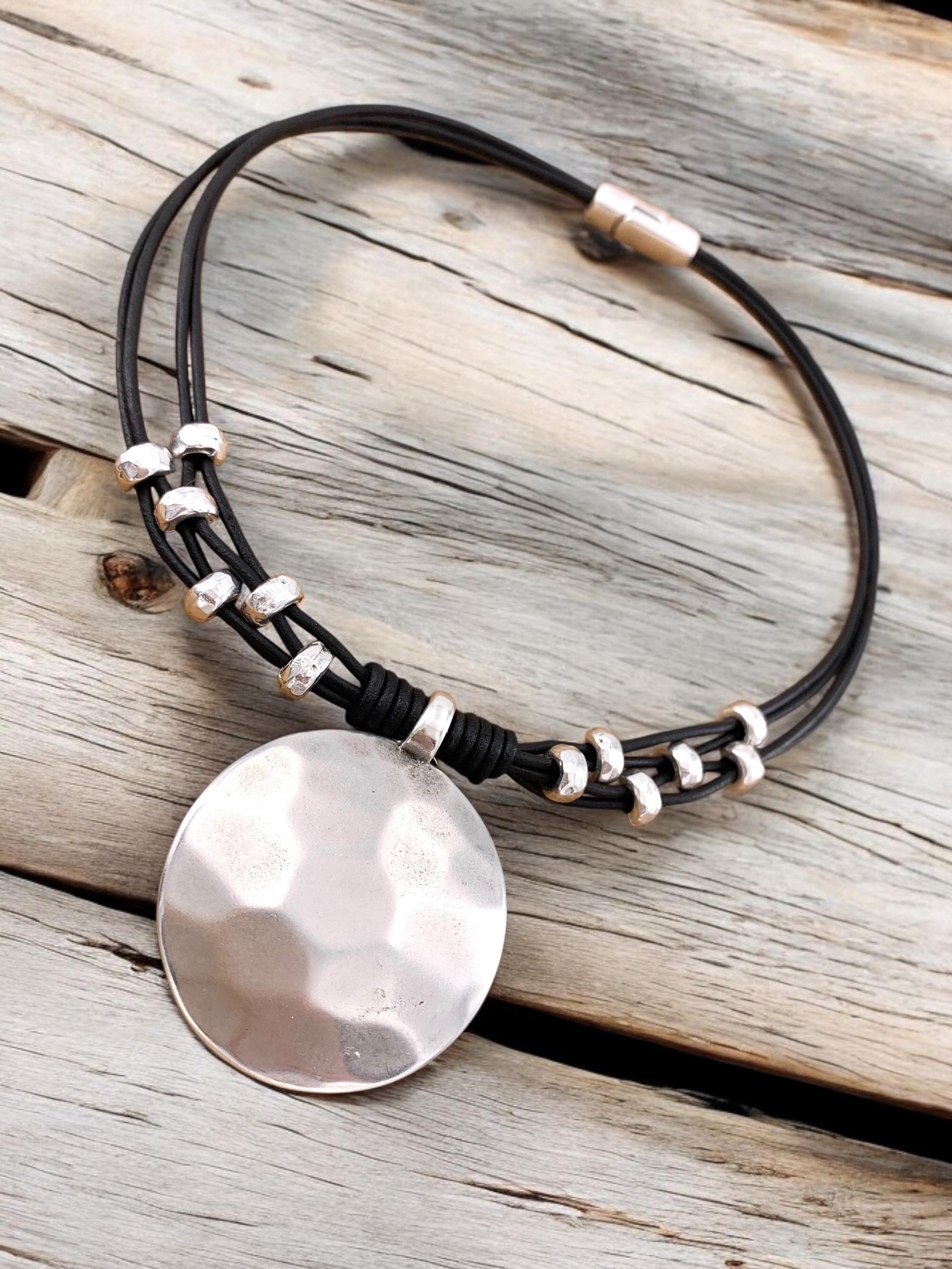 Chunky silver plated hammered circle pendant leather necklace, bold handmade jewelry