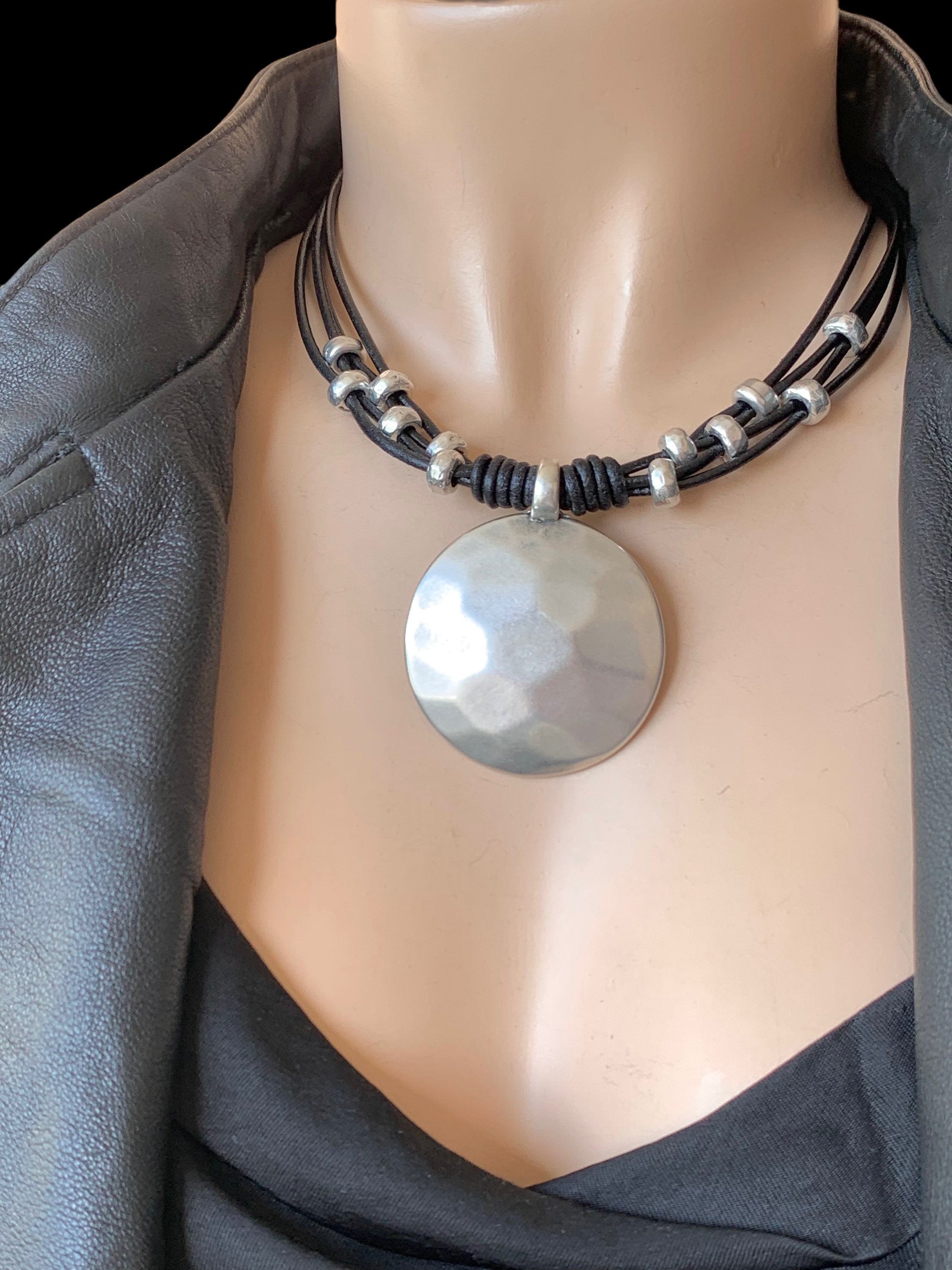 Chunky silver plated hammered circle pendant leather necklace, bold handmade jewelry