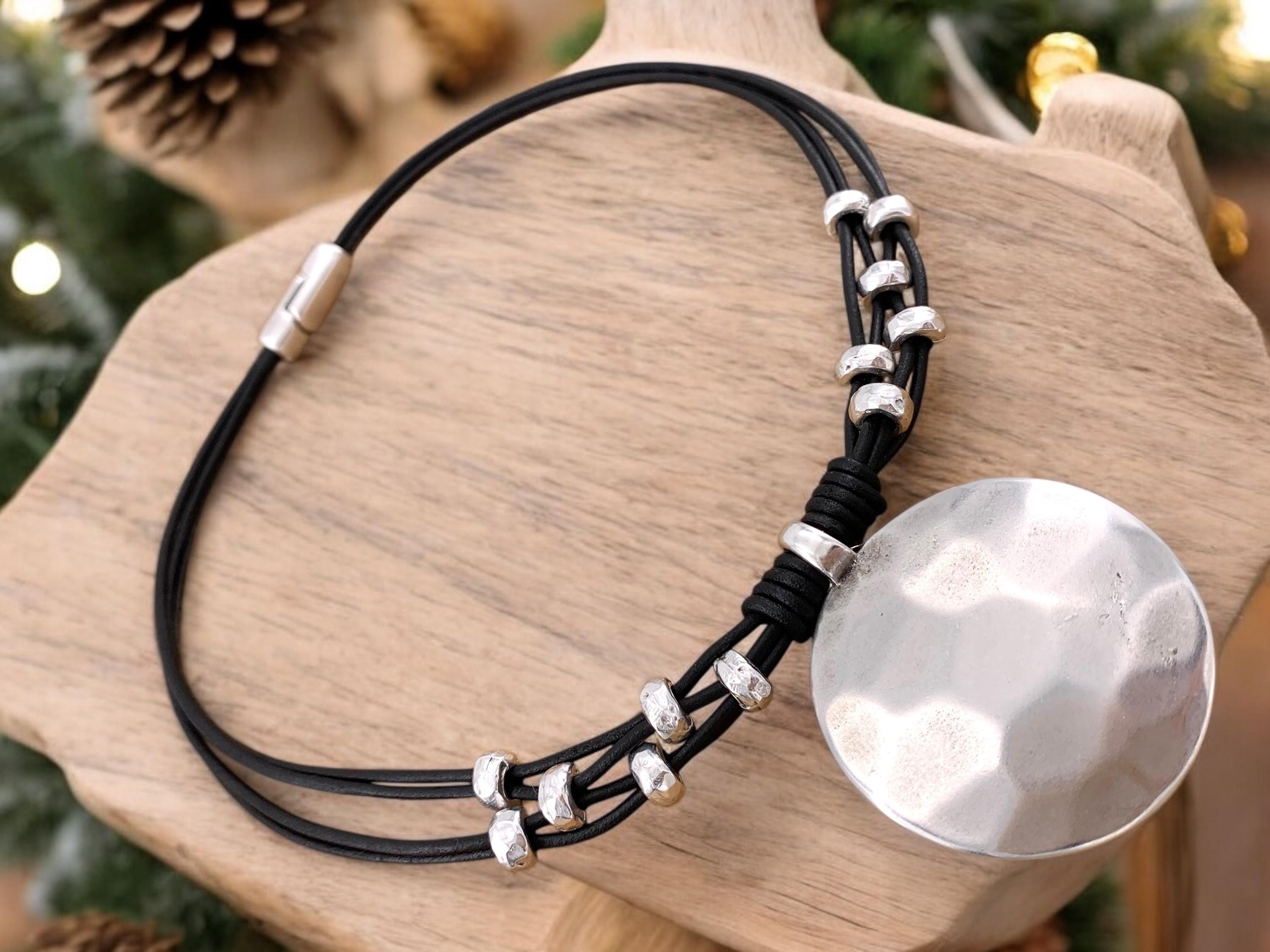Chunky silver plated hammered circle pendant leather necklace, bold handmade jewelry