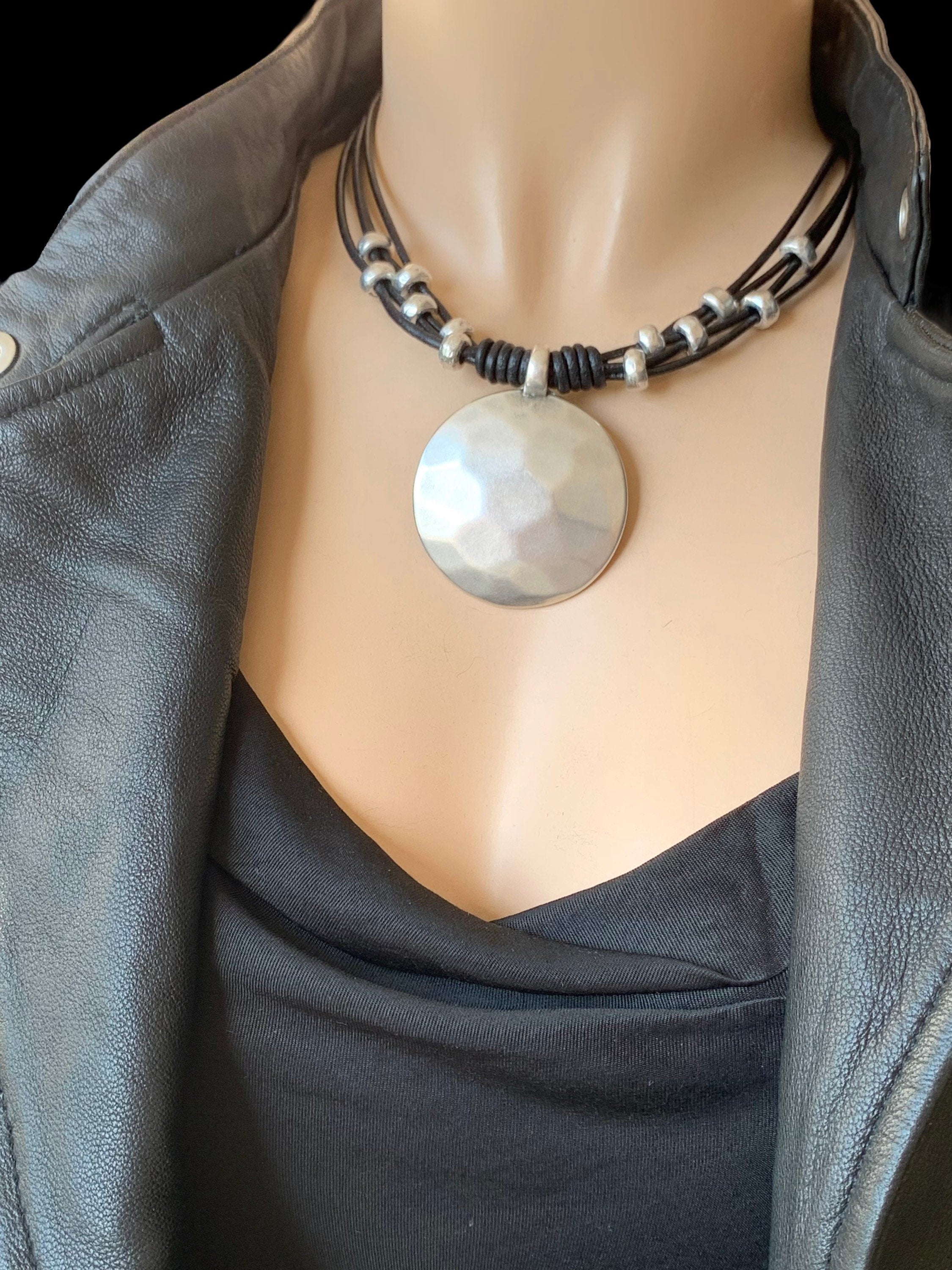 Chunky silver plated hammered circle pendant leather necklace, bold handmade jewelry