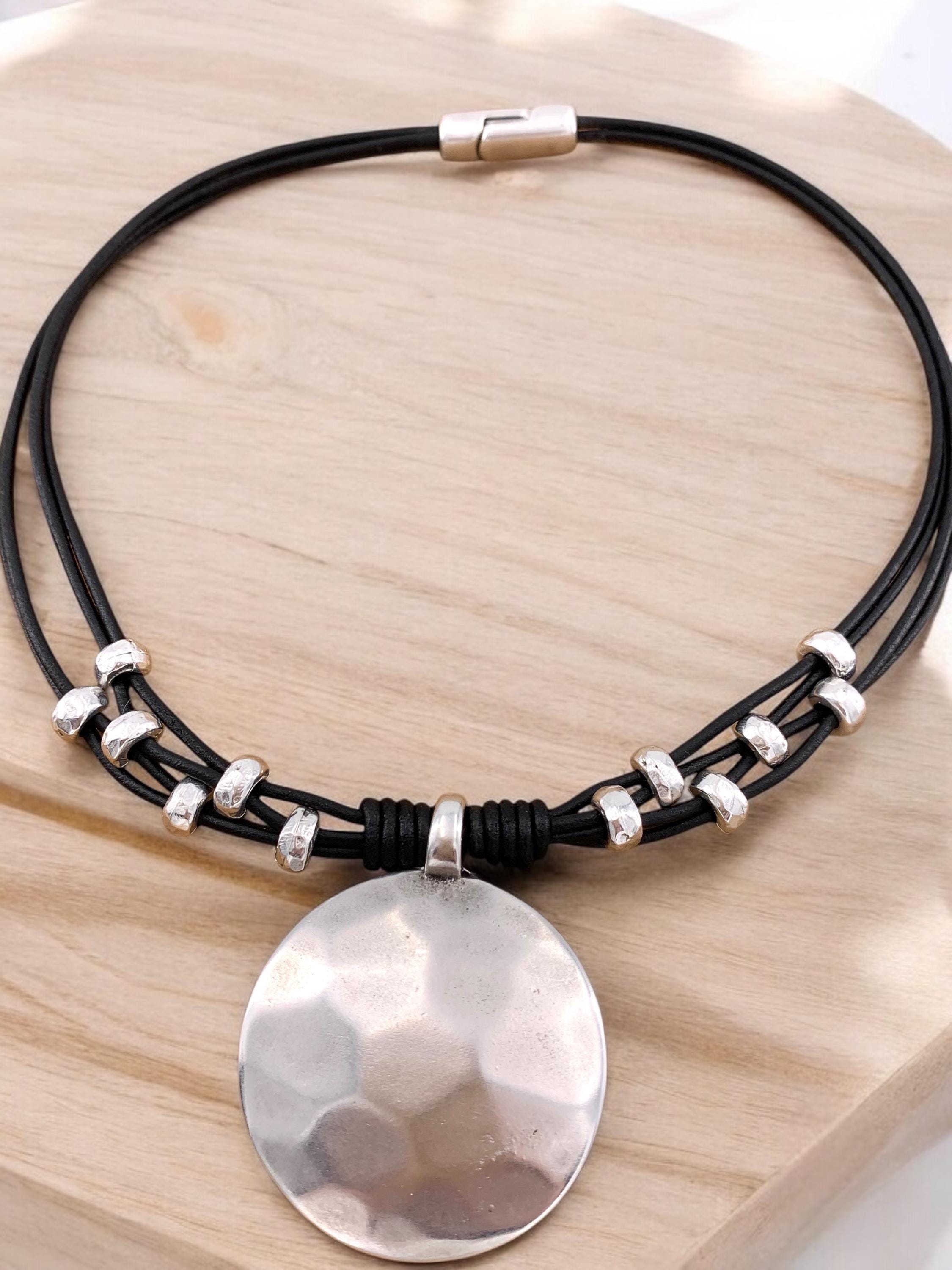 Chunky silver plated hammered circle pendant leather necklace, bold handmade jewelry