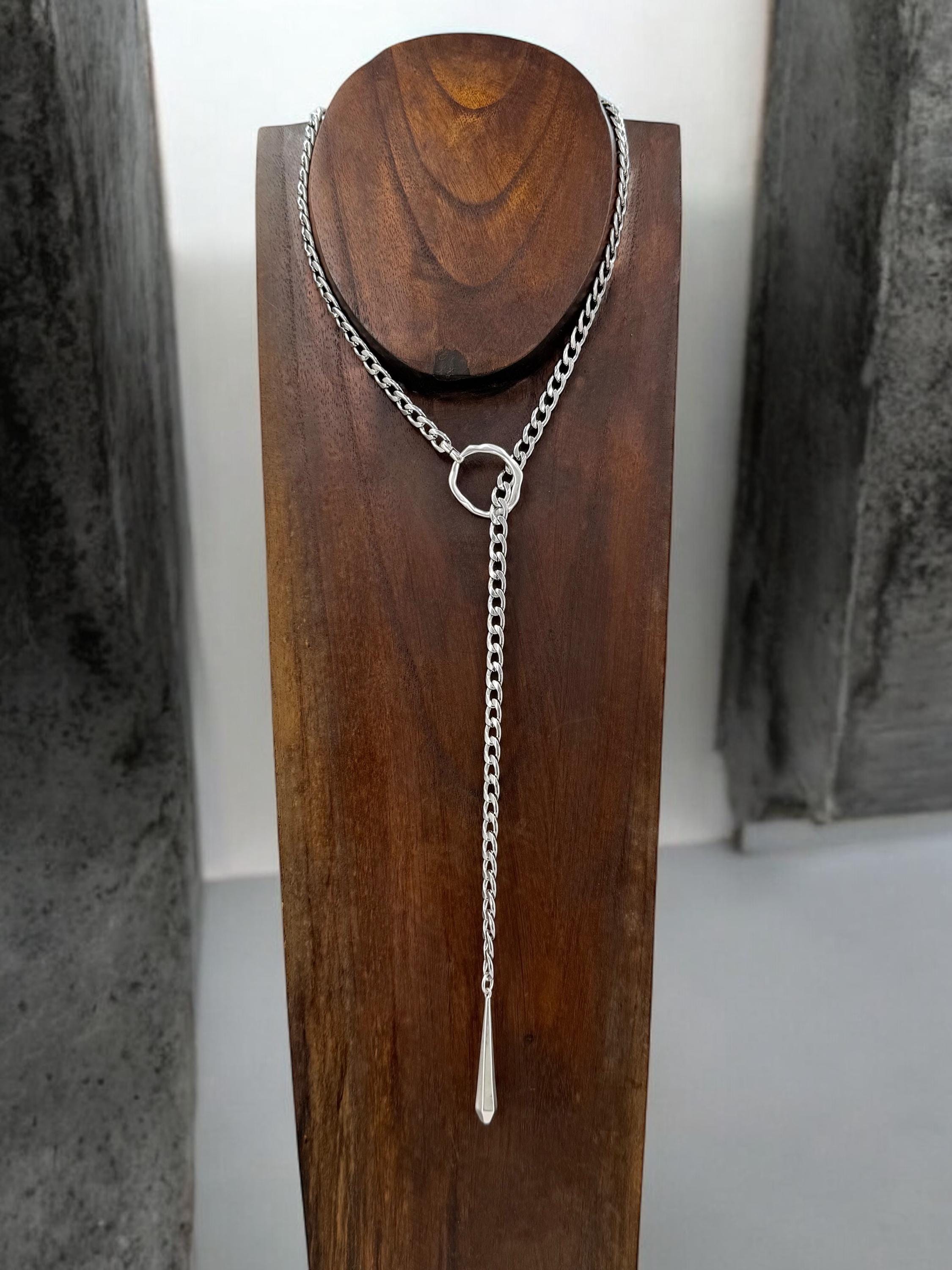 Silver antique adjustable chain Y necklace, chunky chain silver lariat necklace, teardrop pendant layering necklace,