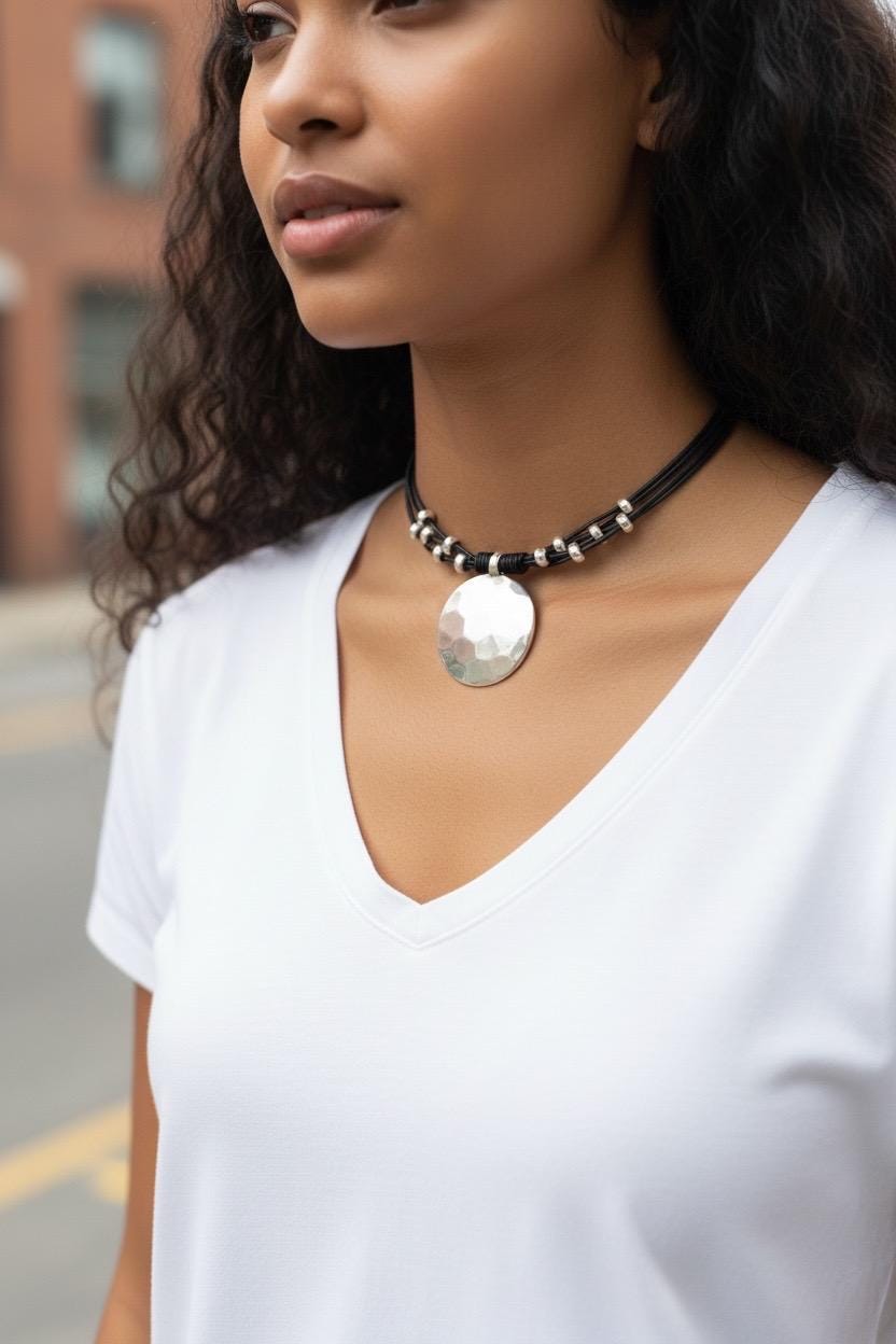 Chunky silver plated hammered circle pendant leather necklace, bold handmade jewelry
