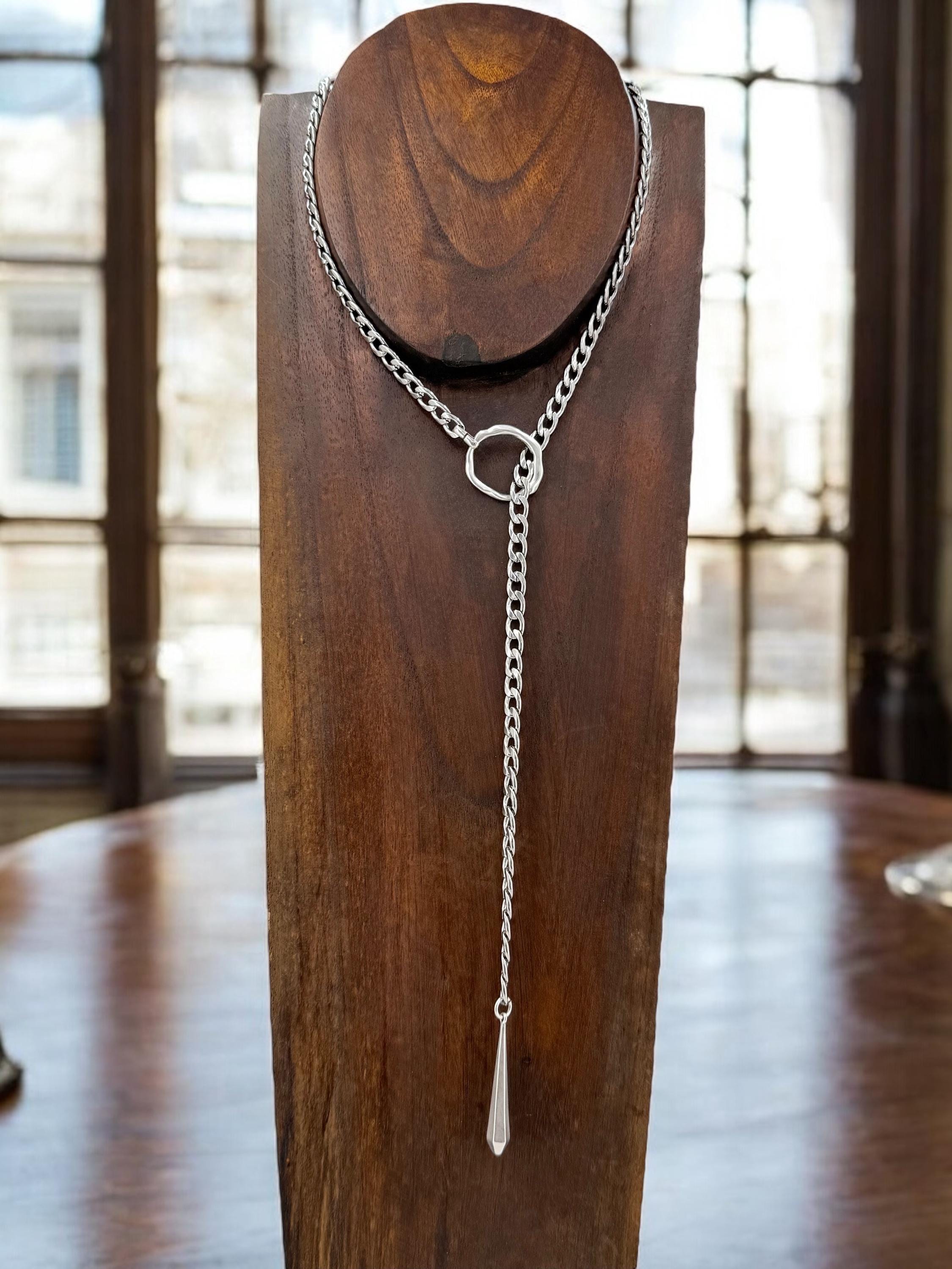 Silver antique adjustable chain Y necklace, chunky chain silver lariat necklace, teardrop pendant layering necklace,