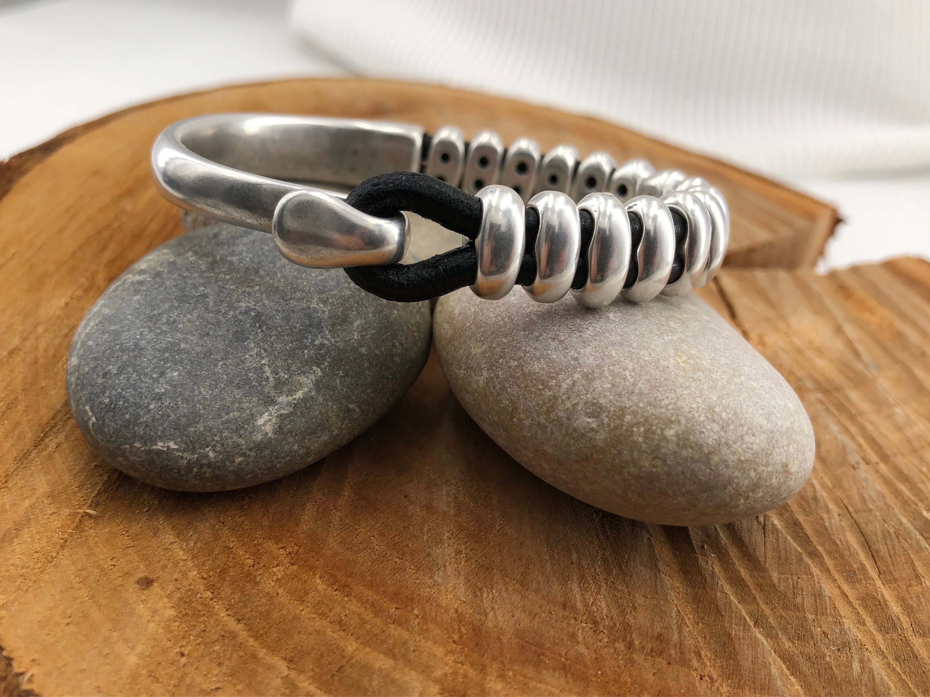 Men’s Leather Bracelet – Silver Bead Cuff – Rock & Surf Style – Industrial Unisex Jewelry – Handmade in Spain - ideal gift for him and her