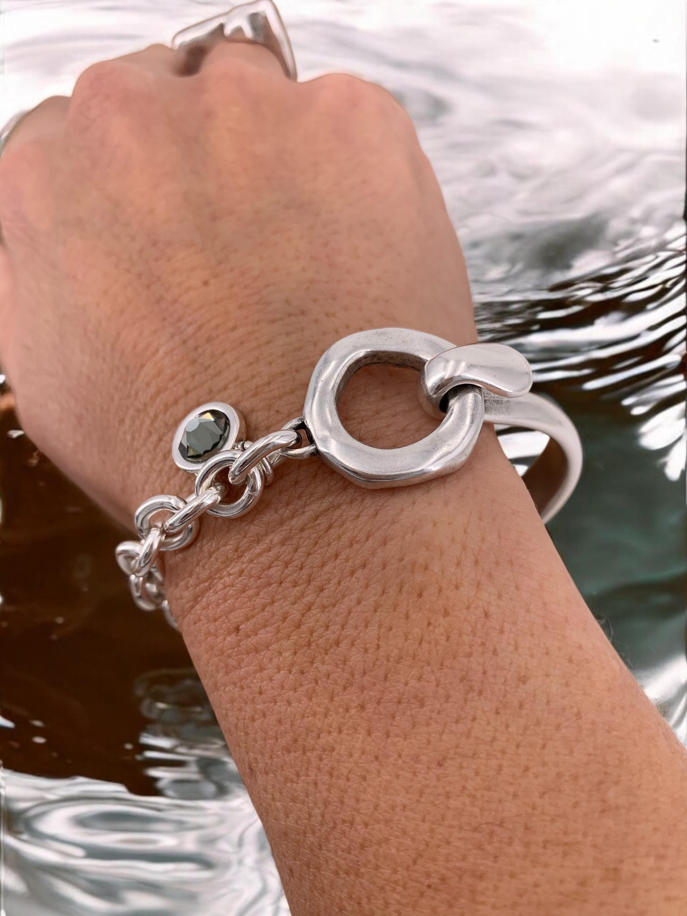 Chunky Silver Bracelet with Mixed Design Half Solid and chain Bracelet, Swarovski Crystal Charm
