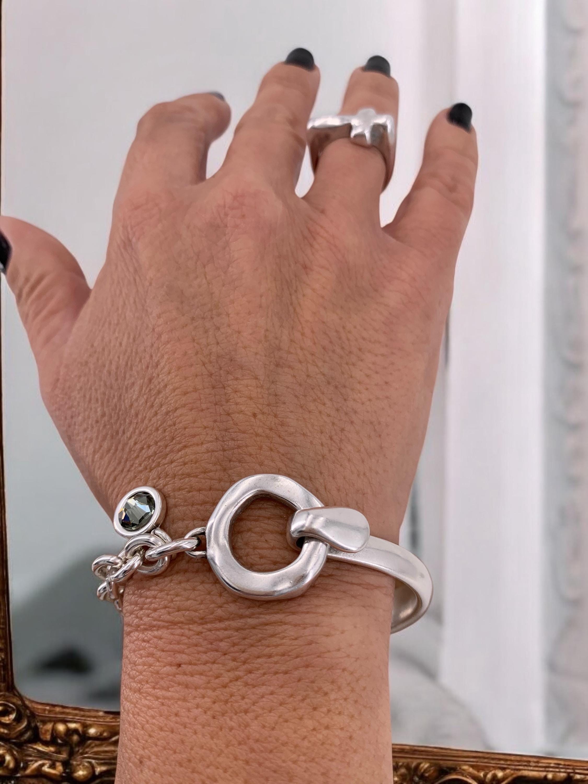 Chunky Silver Bracelet with Mixed Design Half Solid and chain Bracelet, Swarovski Crystal Charm