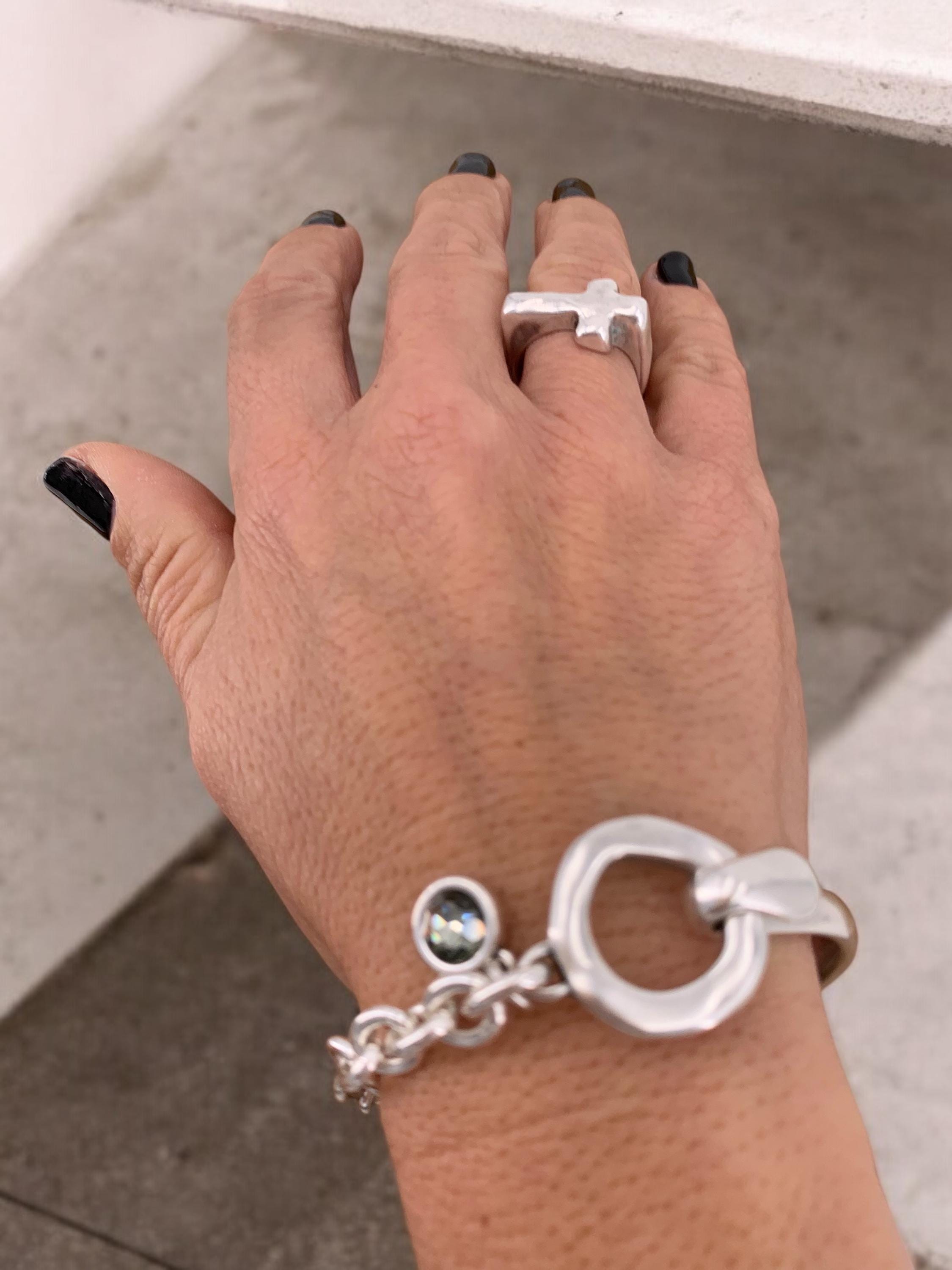 Chunky Silver Bracelet with Mixed Design Half Solid and chain Bracelet, Swarovski Crystal Charm