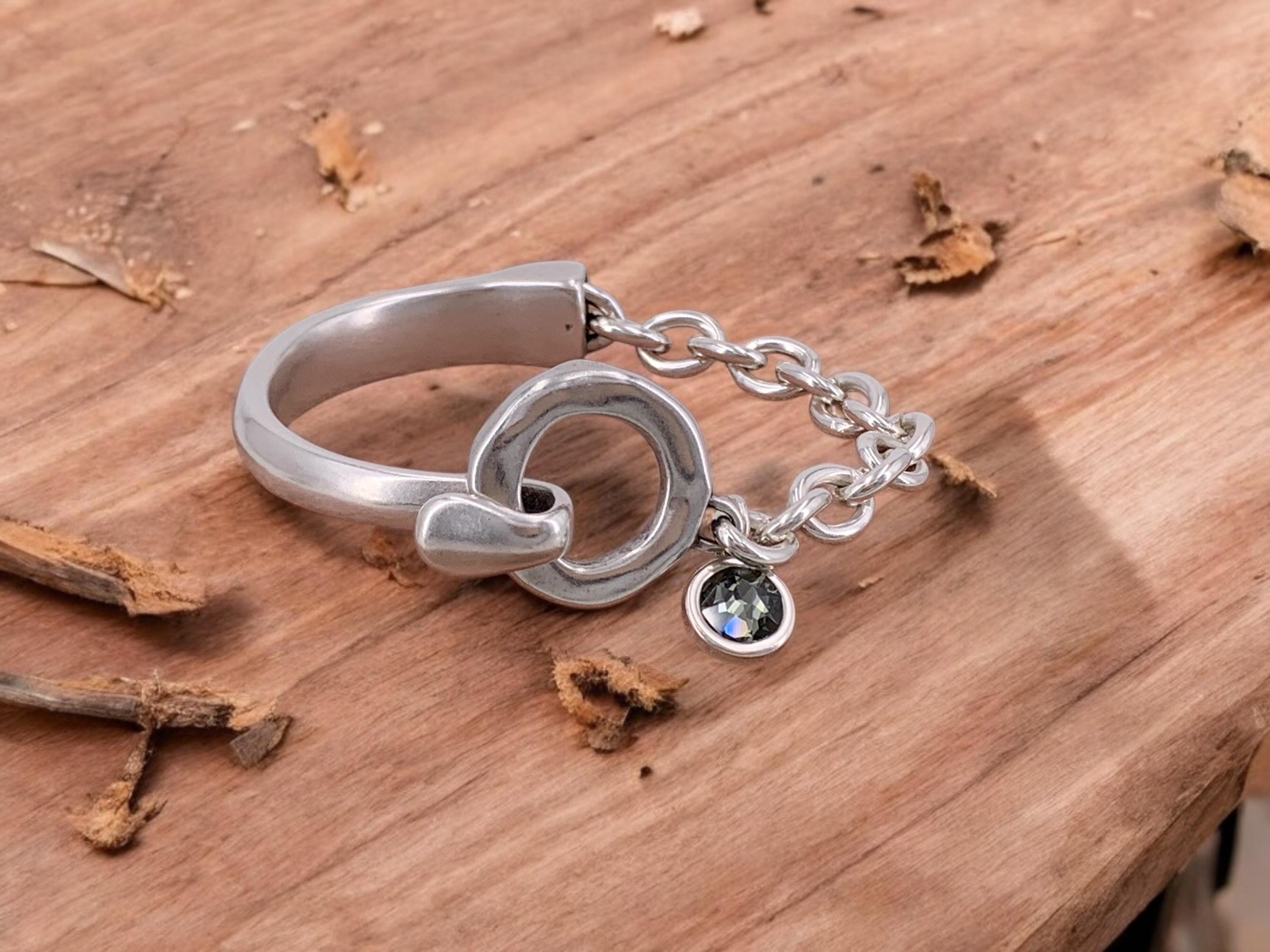 Chunky Silver Bracelet with Mixed Design Half Solid and chain Bracelet, Swarovski Crystal Charm