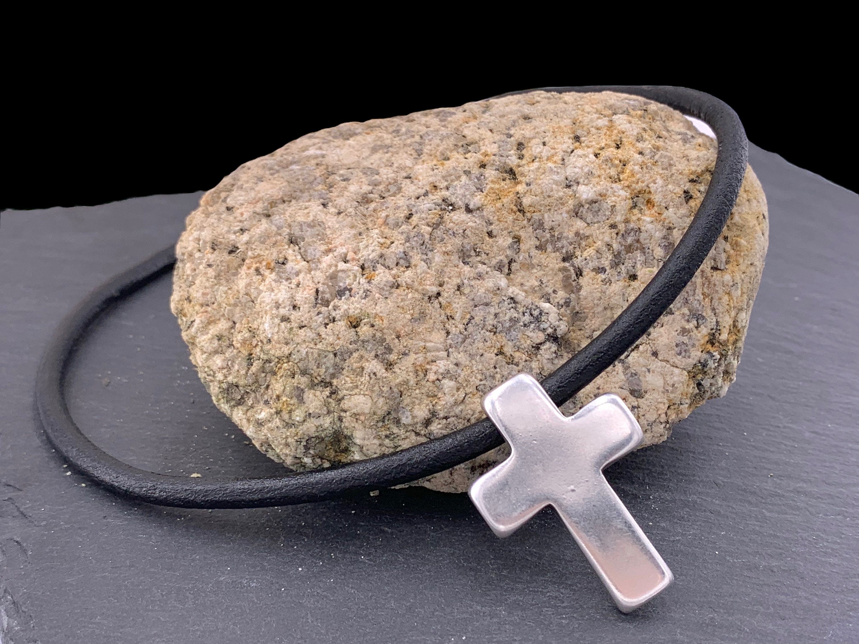 Leather Necklace with Large chunky Silver Cross – unisex rock style choker - bold Kukuri Jewelry