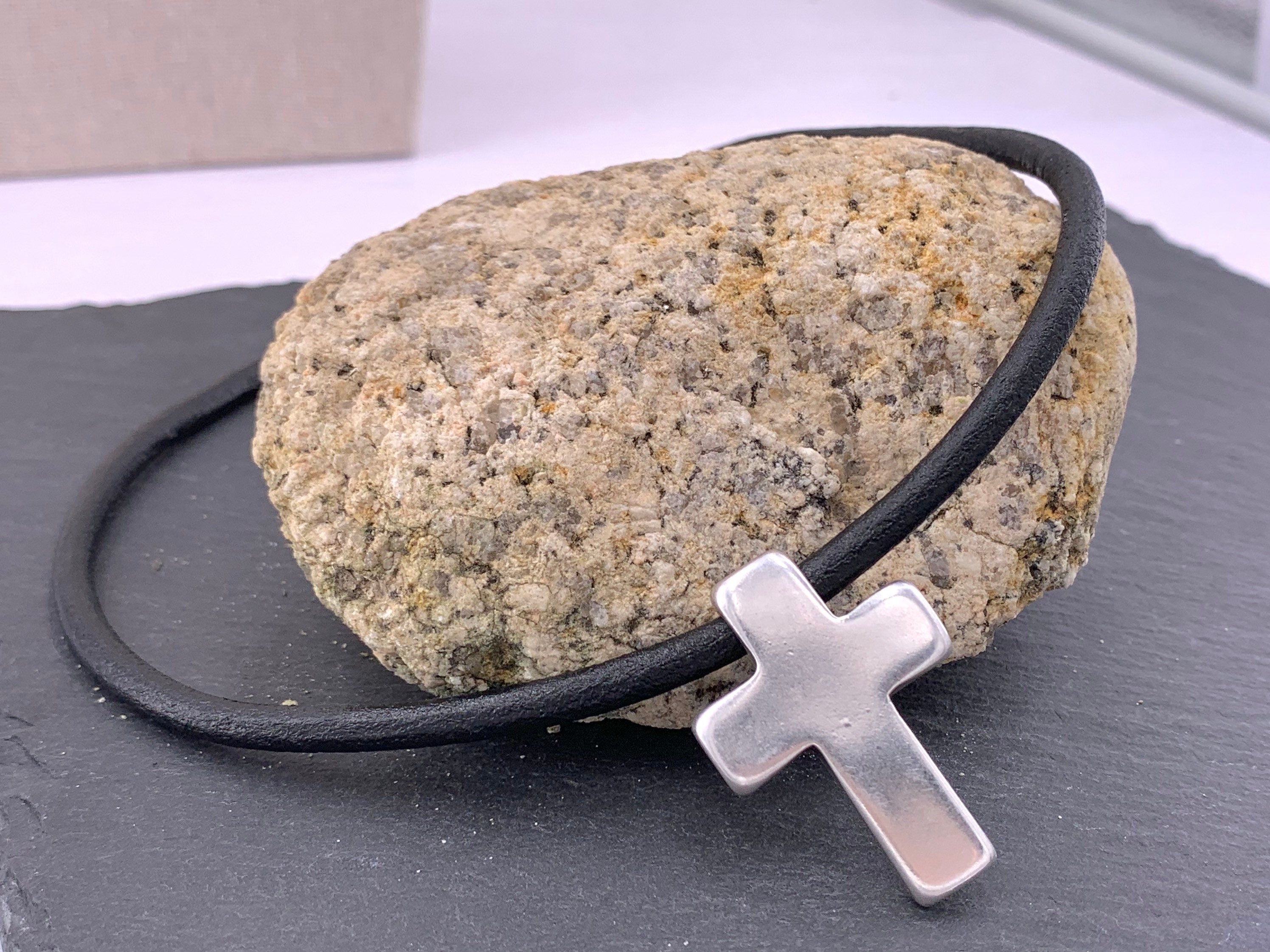 Leather Necklace with Large chunky Silver Cross – unisex rock style choker - bold Kukuri Jewelry