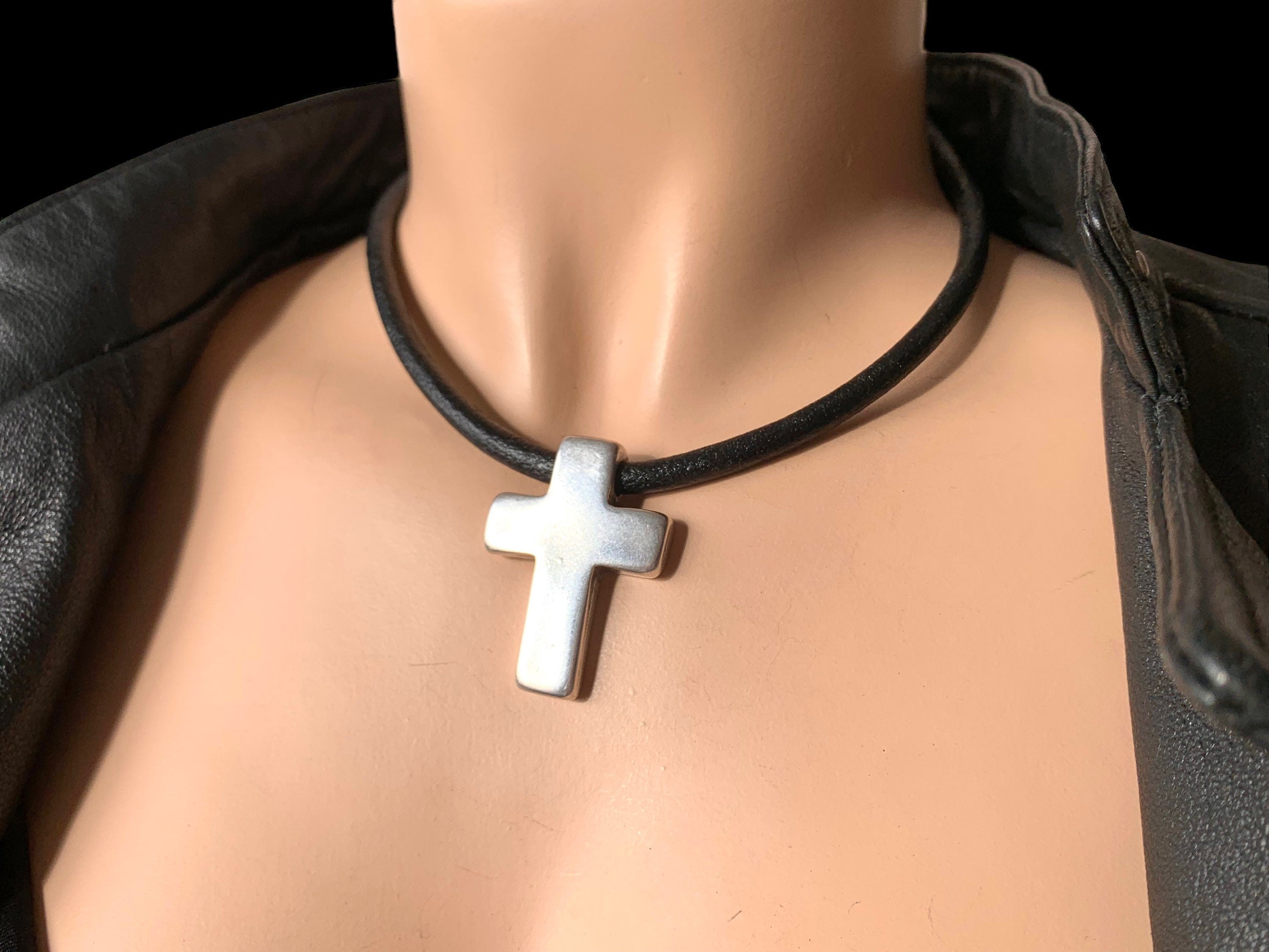 Leather Necklace with Large chunky Silver Cross – unisex rock style choker - bold Kukuri Jewelry