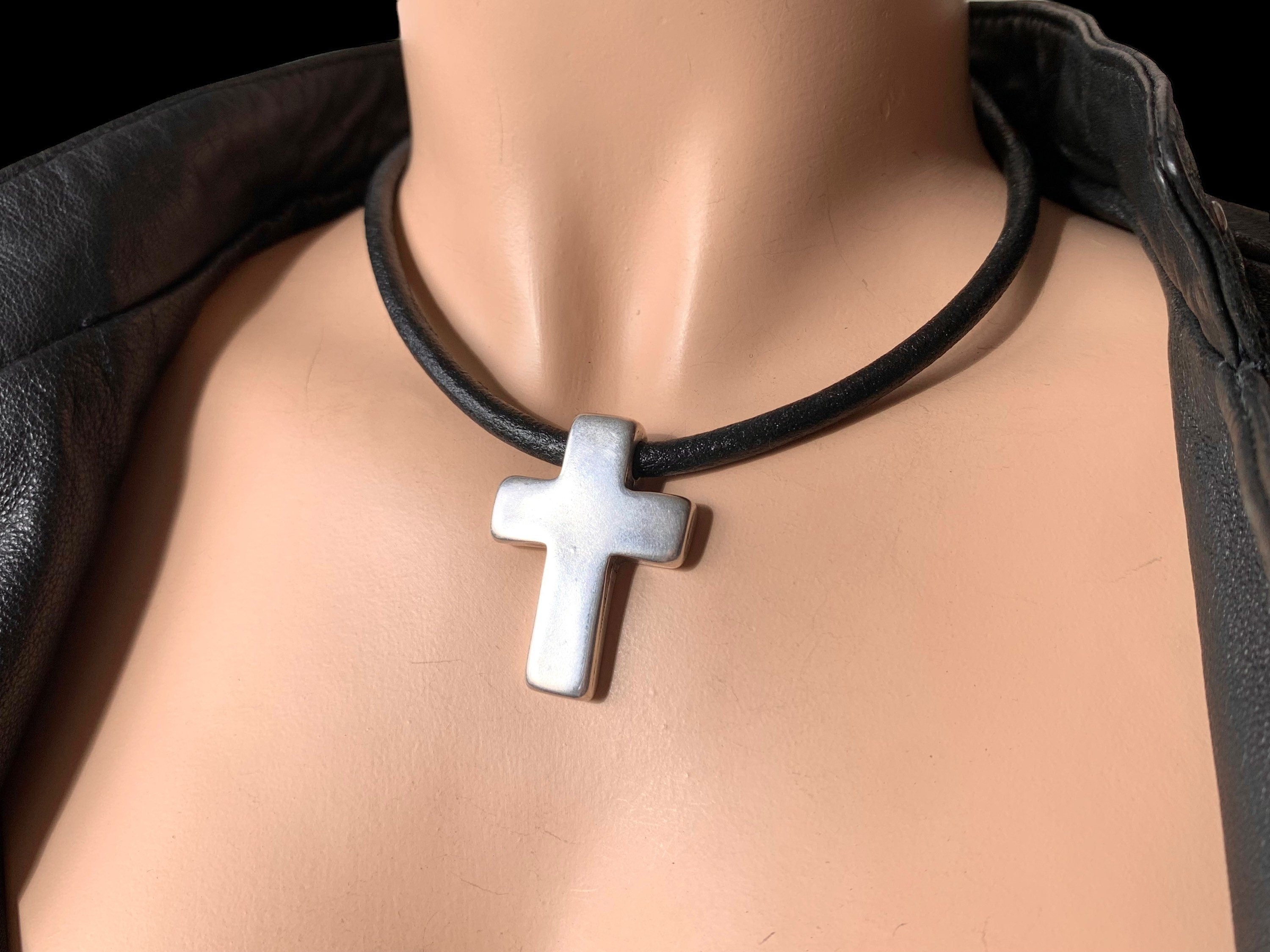 Leather Necklace with Large chunky Silver Cross – unisex rock style choker - bold Kukuri Jewelry