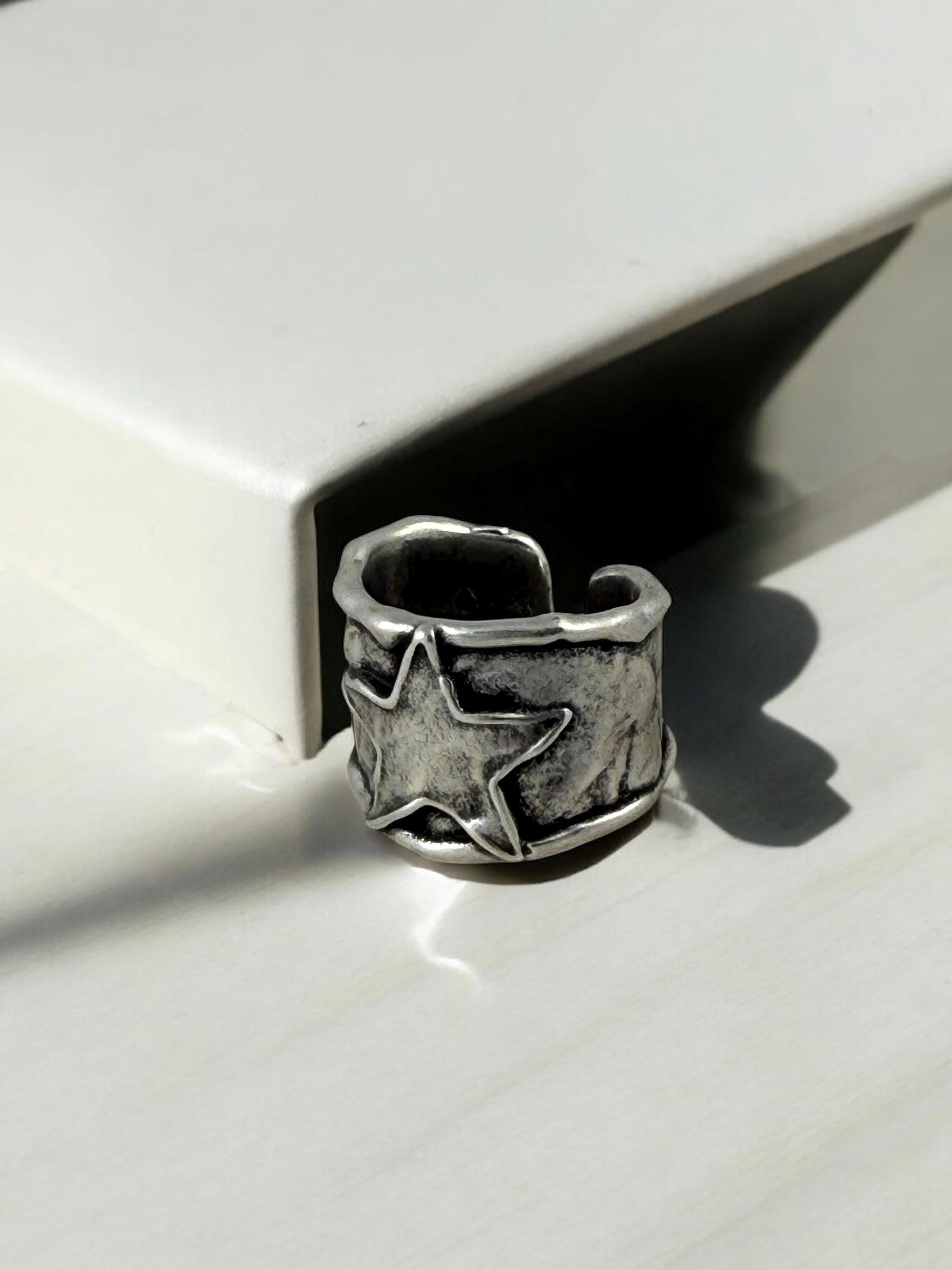 Chunky Silver Star Ring – Handmade Statement Band of with Textured Sculptural Finish, wide matte silver open ring, Style