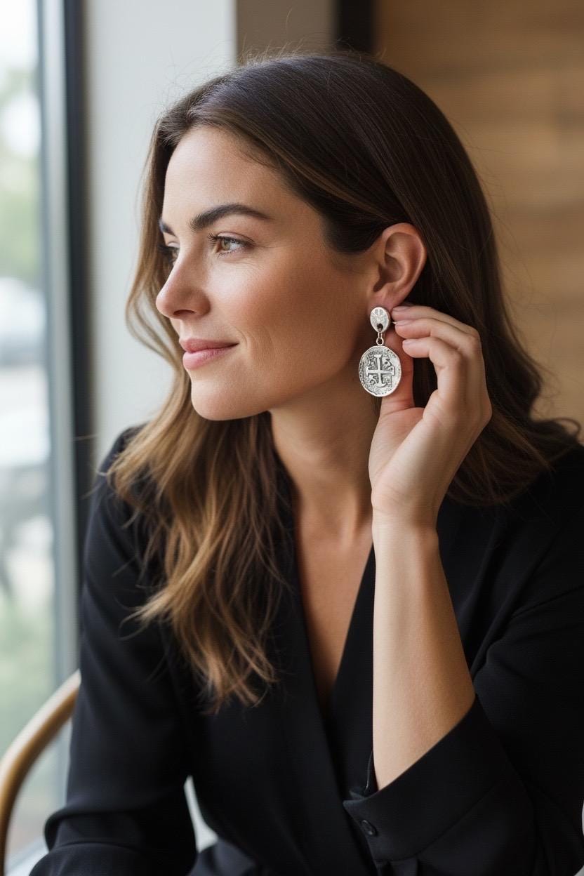 Silver plated drop coin earrings lightweight medieval style statement earrings