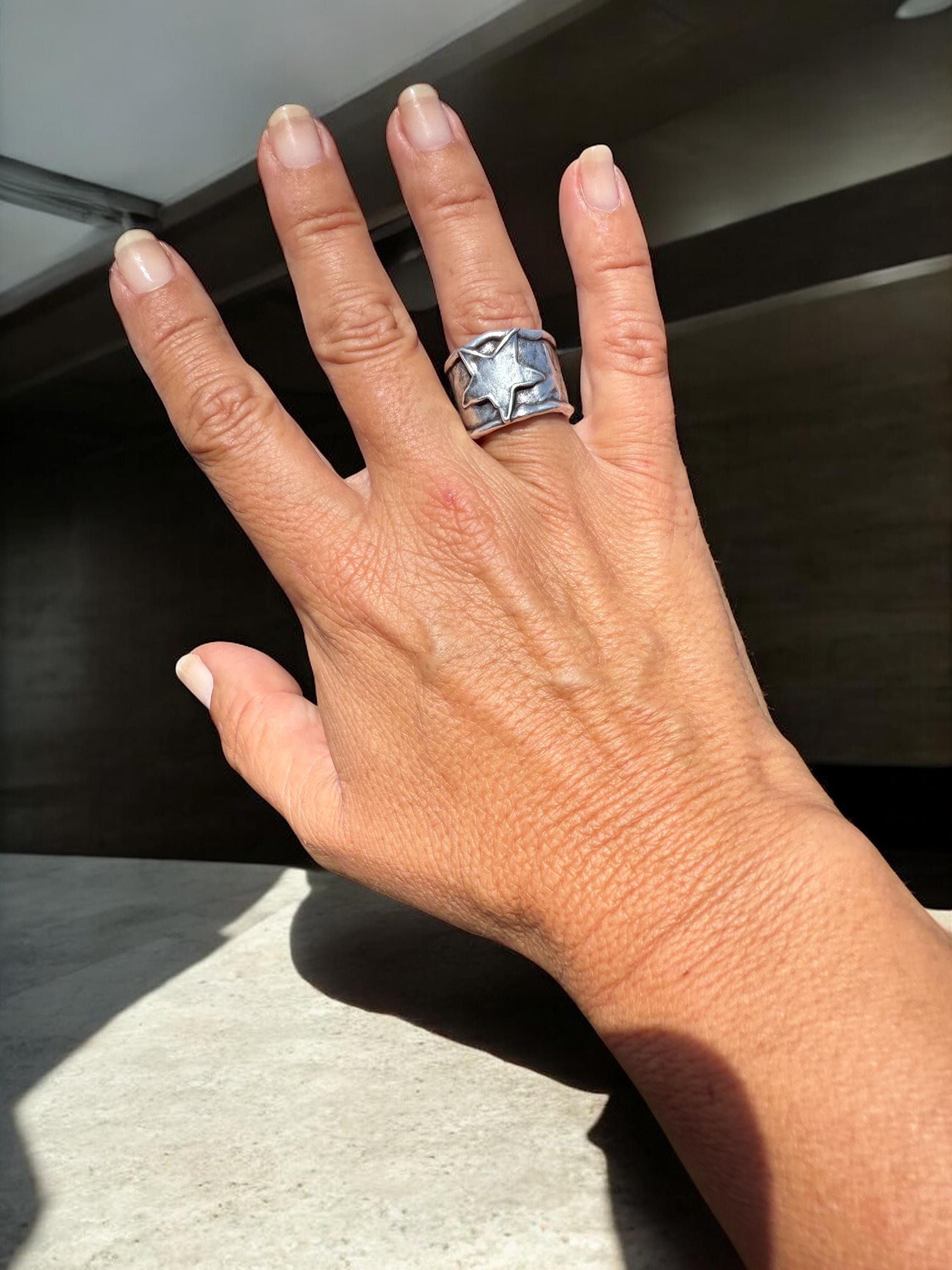 Chunky Silver Star Ring – Handmade Statement Band of with Textured Sculptural Finish, wide matte silver open ring, Style