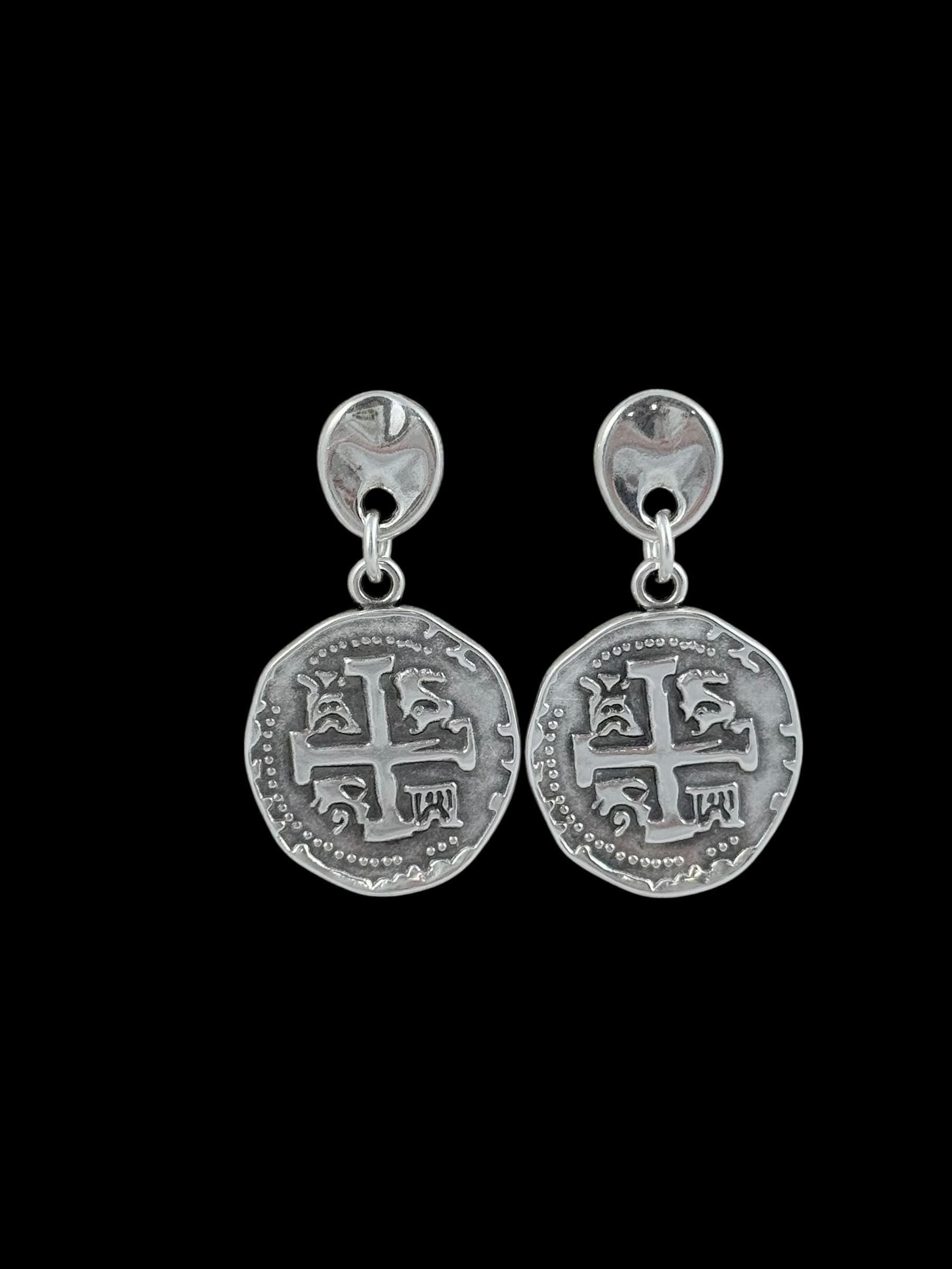 Silver plated drop coin earrings lightweight medieval style statement earrings