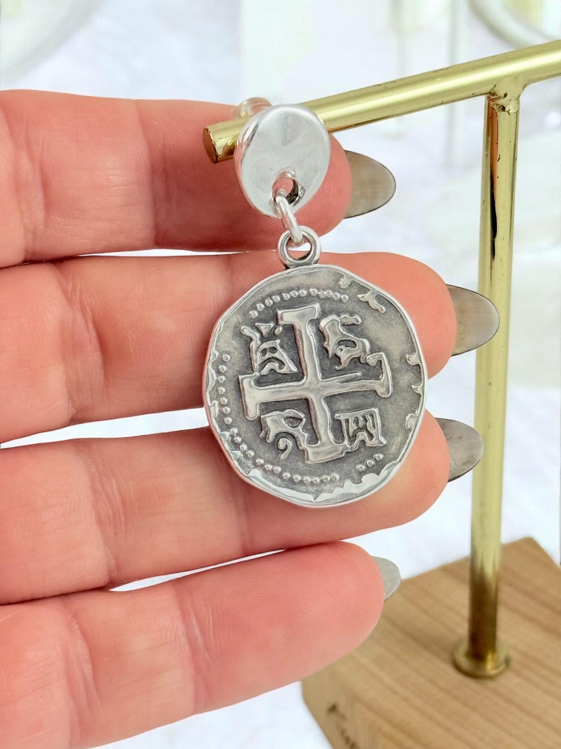 Silver plated drop coin earrings lightweight medieval style statement earrings