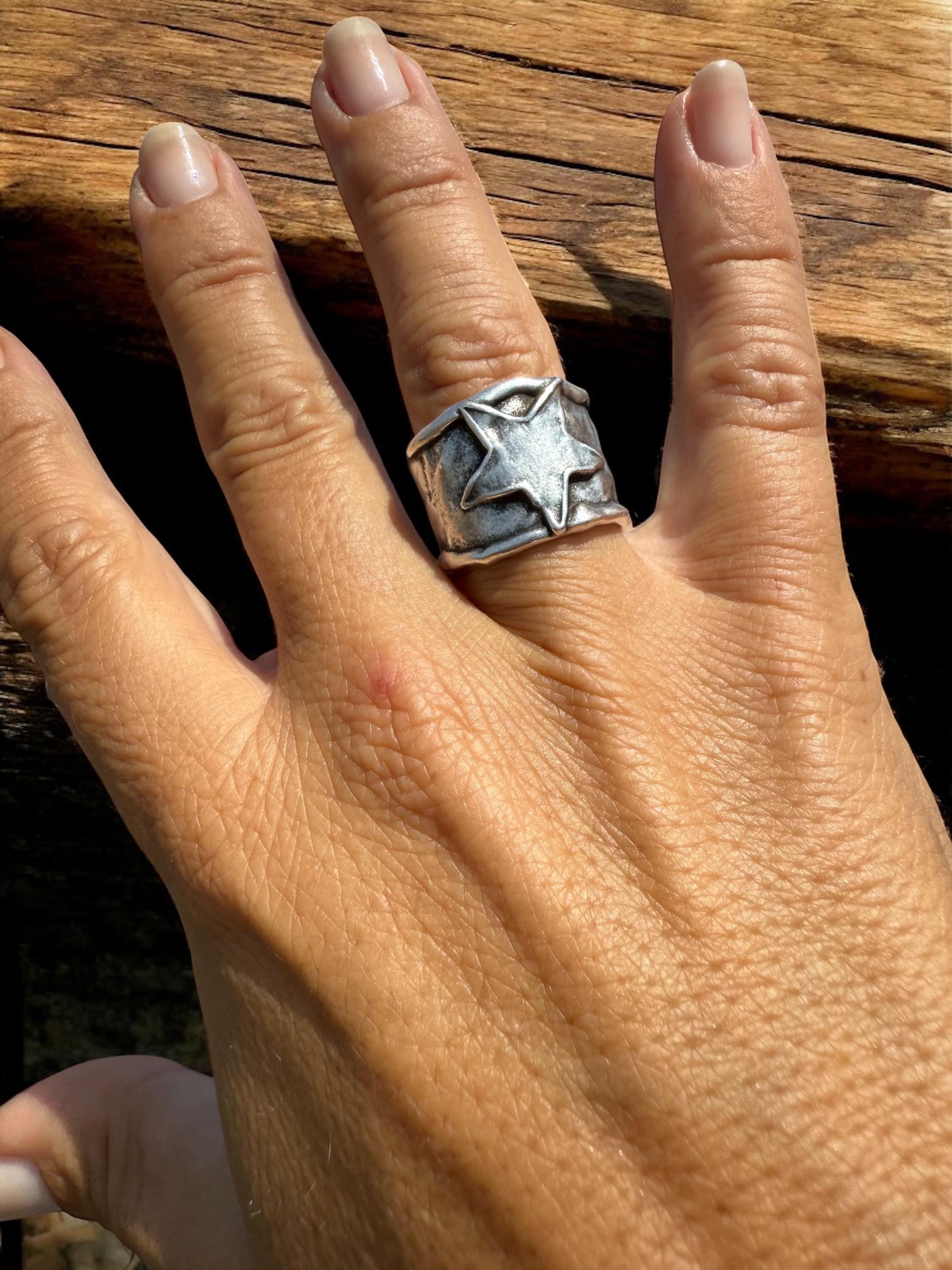 Chunky Silver Star Ring – Handmade Statement Band of with Textured Sculptural Finish, wide matte silver open ring, Style