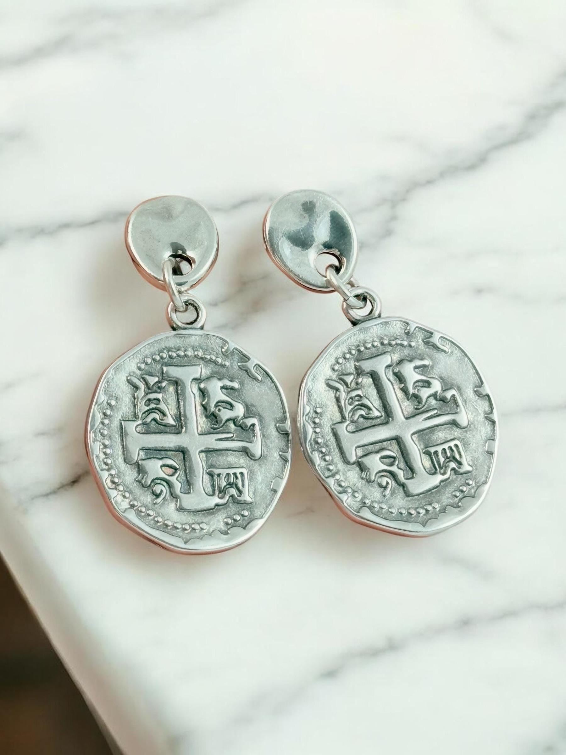 Silver plated drop coin earrings lightweight medieval style statement earrings