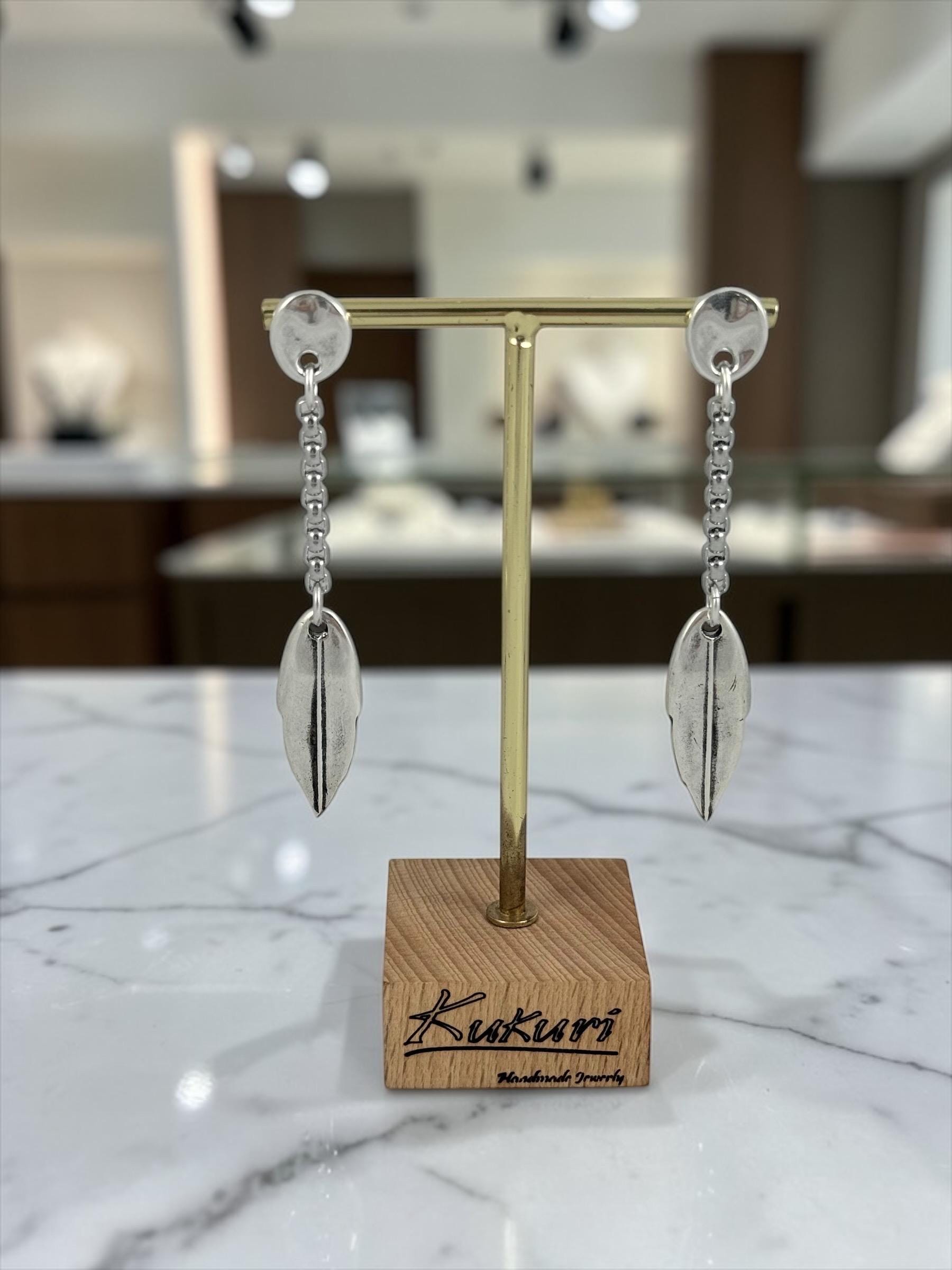 Long bohemian Silver chain and leaf drop earrings, handmade custom jewelry