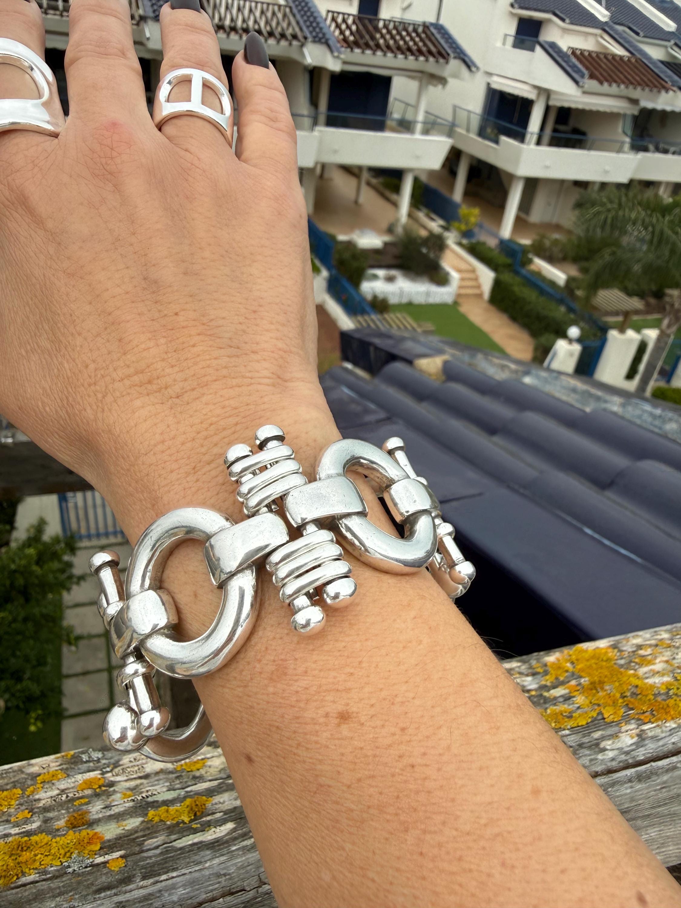 Chunky Silver Plated Equestrian Link Bracelet, Bold Statement Chain, Adjustable Fit for larger wrist