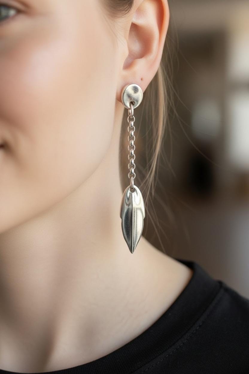 Long bohemian Silver chain and leaf drop earrings, handmade custom jewelry