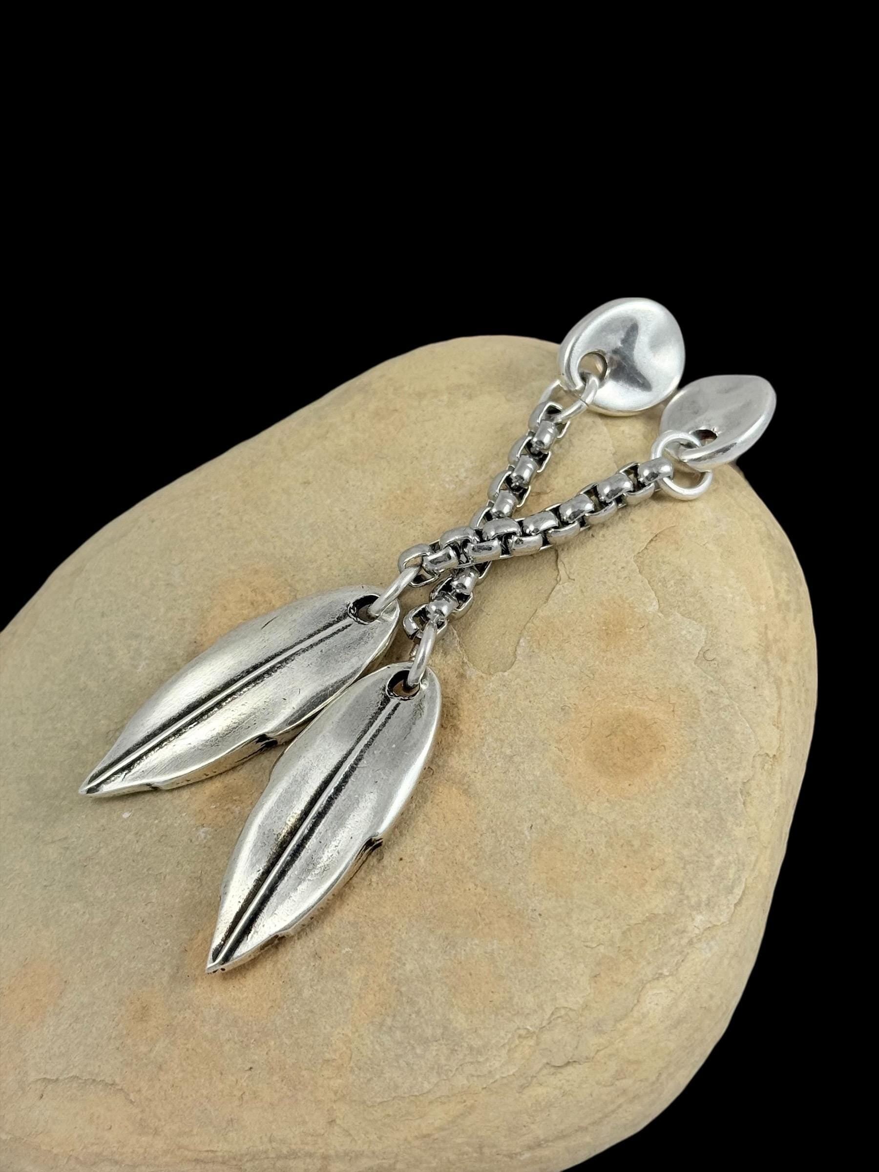 Long bohemian Silver chain and leaf drop earrings, handmade custom jewelry