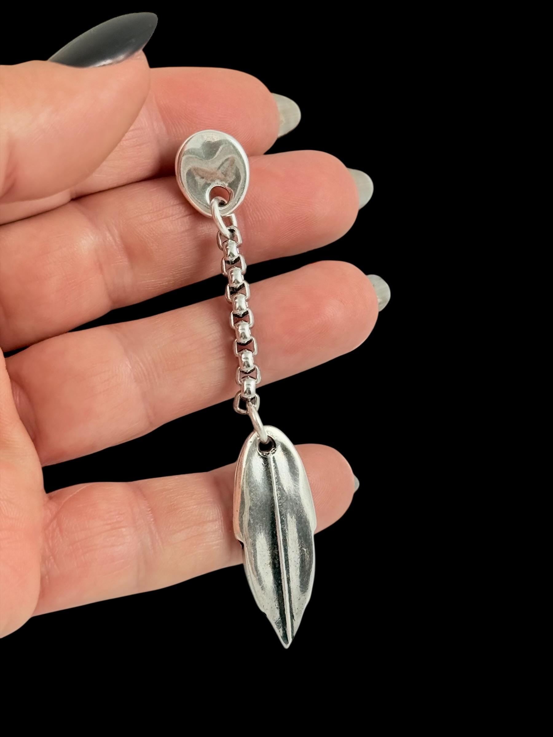 Long bohemian Silver chain and leaf drop earrings, handmade custom jewelry