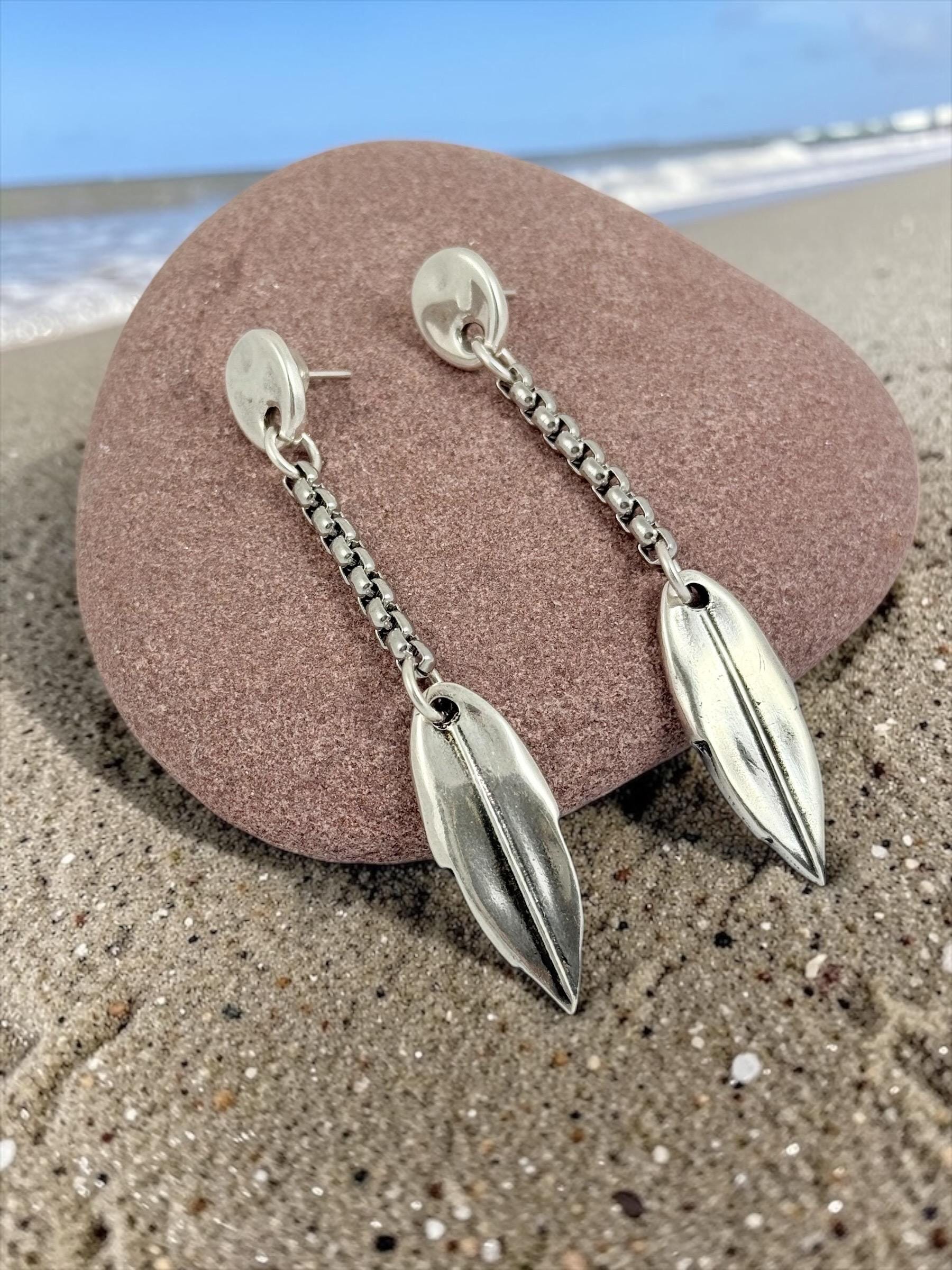 Long bohemian Silver chain and leaf drop earrings, handmade custom jewelry