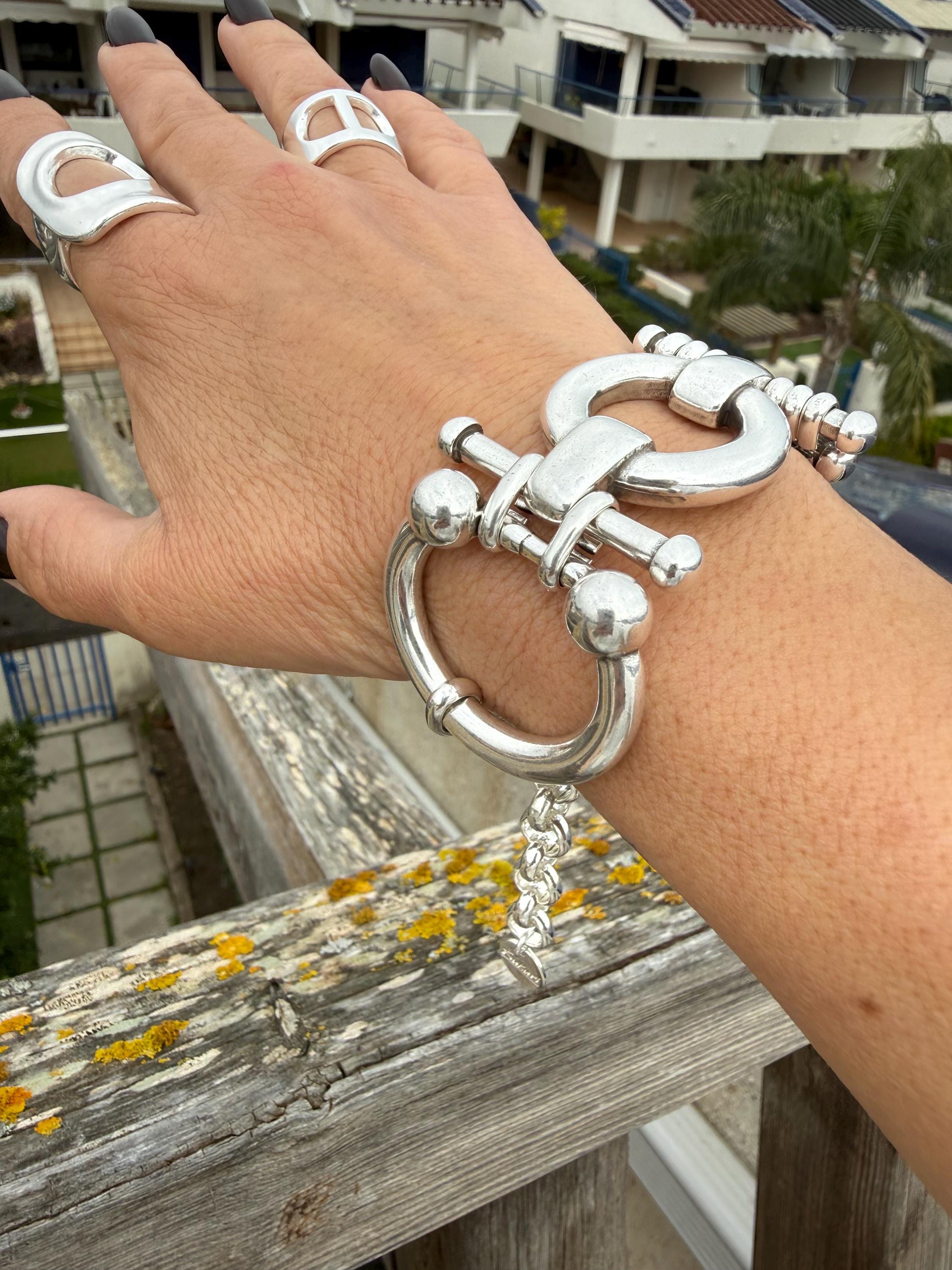 Chunky Silver Plated Equestrian Link Bracelet, Bold Statement Chain, Adjustable Fit for larger wrist