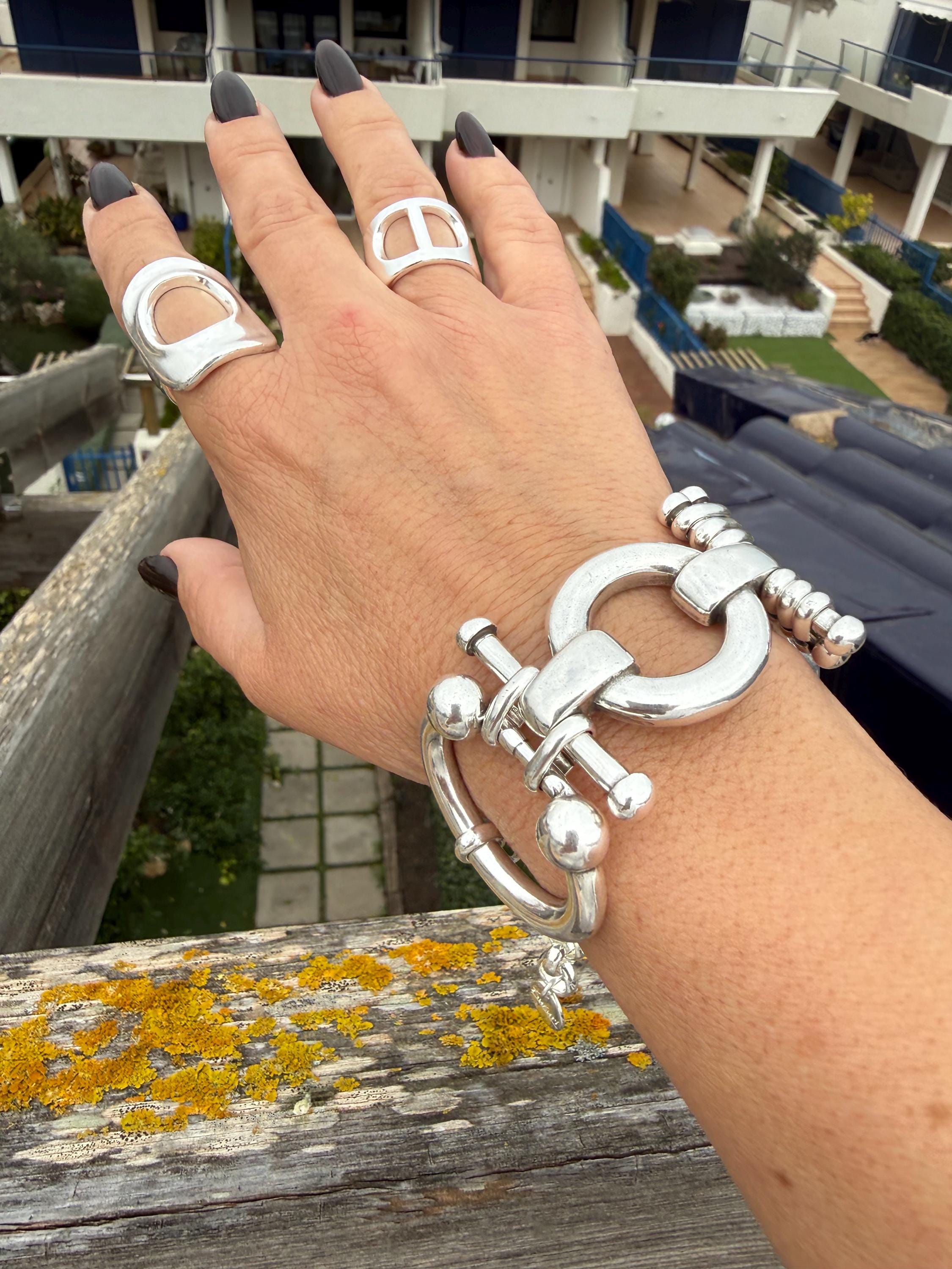 Chunky Silver Plated Equestrian Link Bracelet, Bold Statement Chain, Adjustable Fit for larger wrist