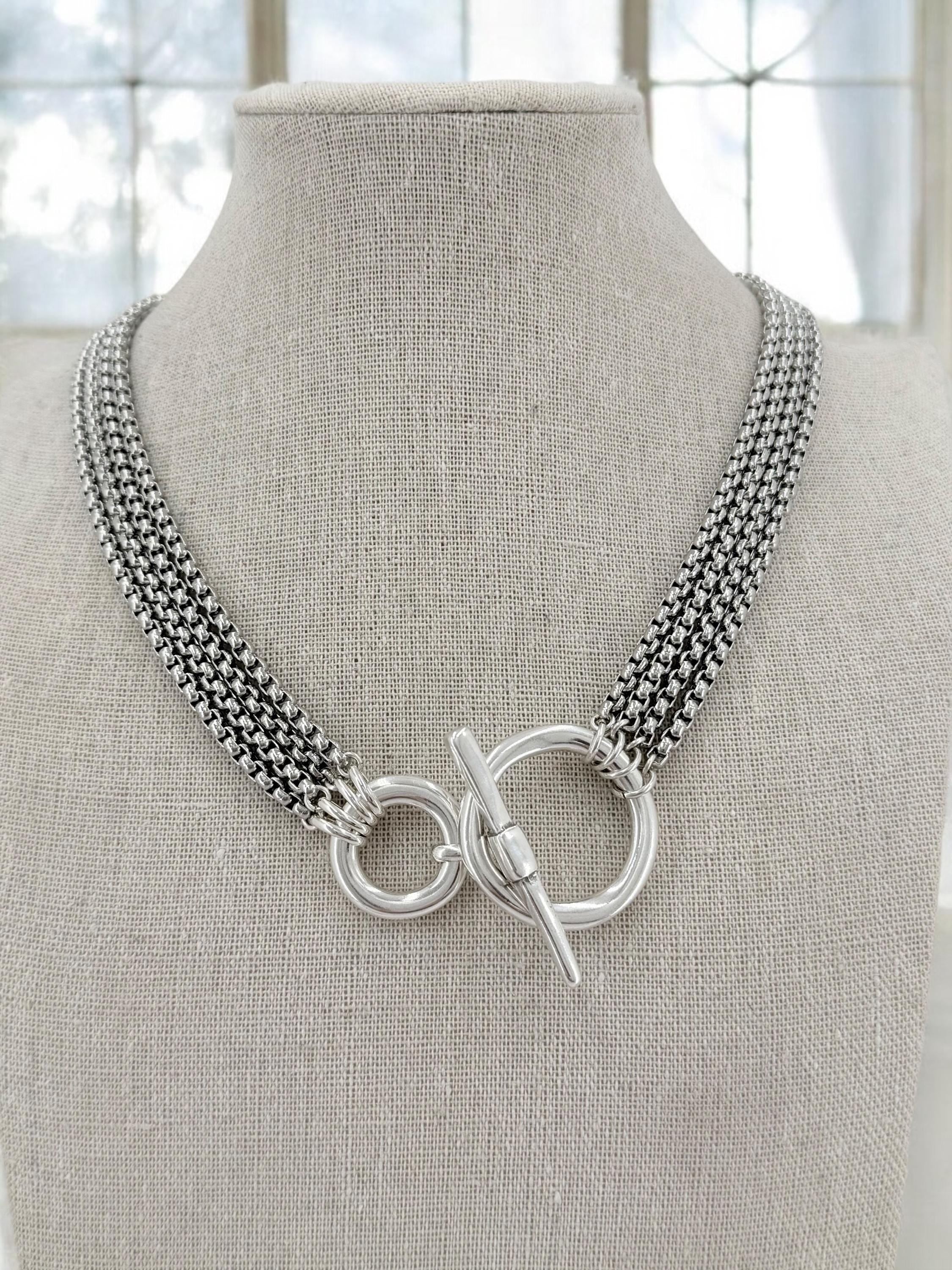 Multi stand silver chain toggle necklace, statement chunky handmade jewelry