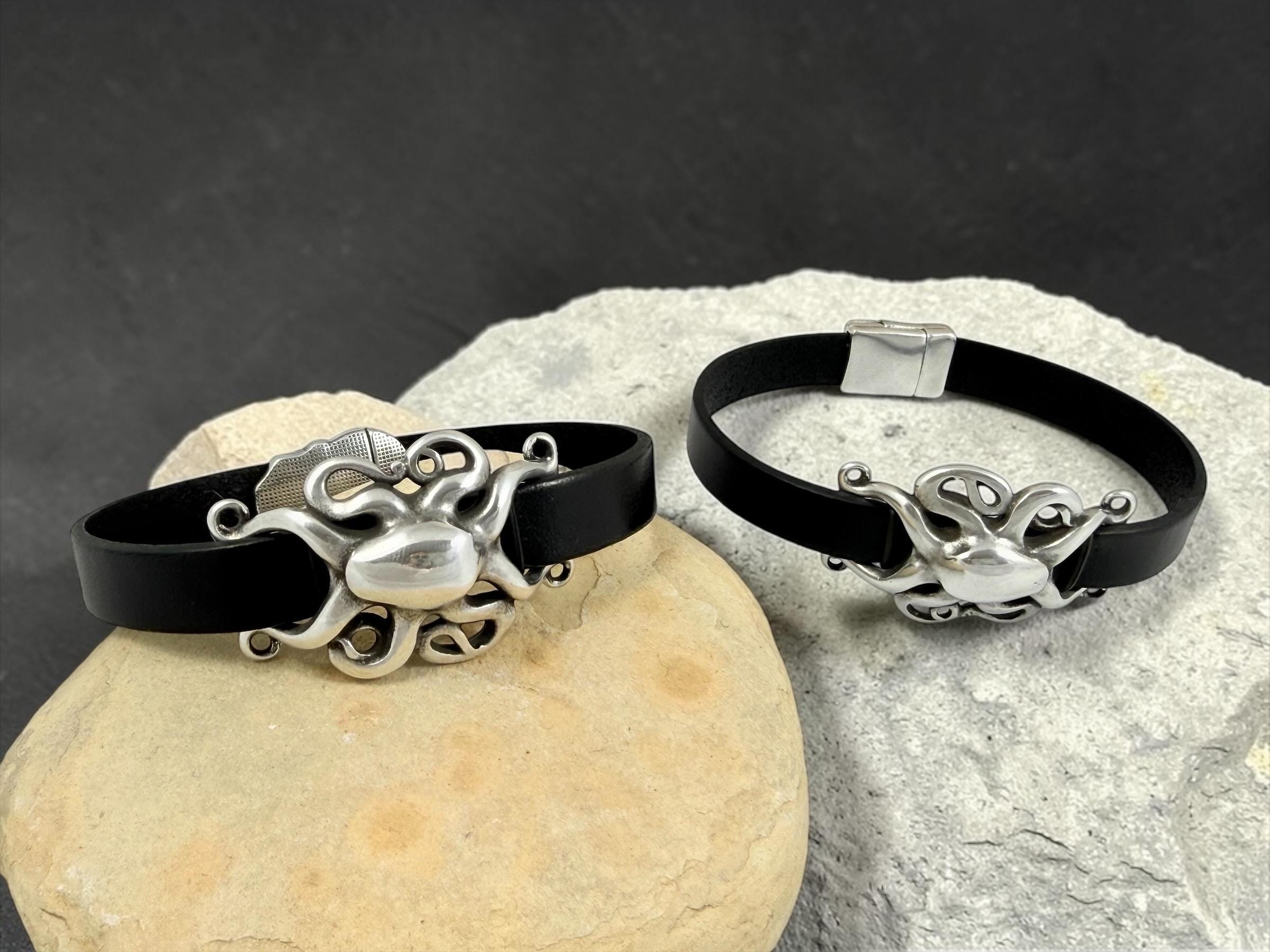 octopus unisex flat leather and silver bracelet with magnetic clasp ideal for birthday present for men and women, stylish leather bracelet