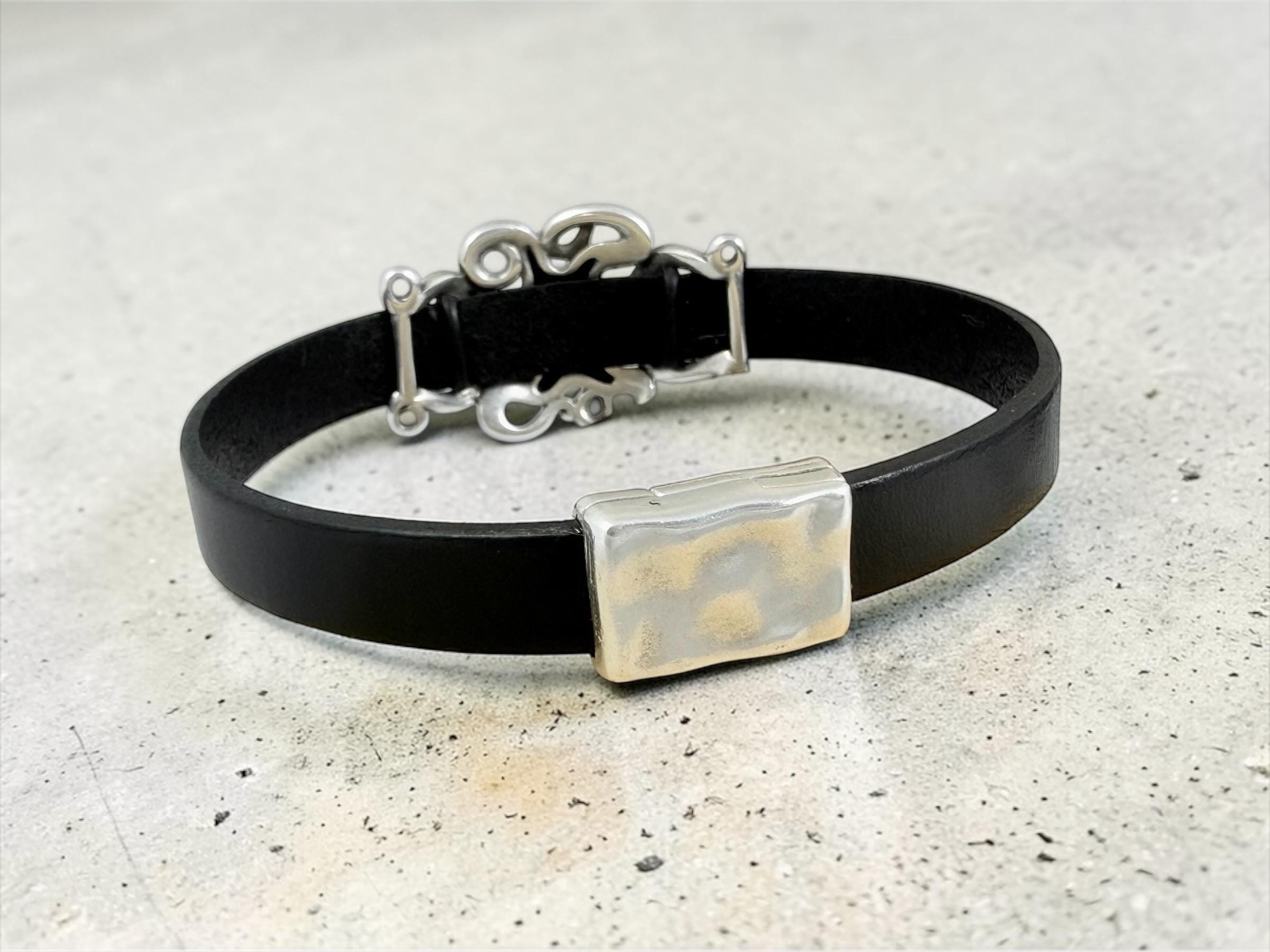 octopus unisex flat leather and silver bracelet with magnetic clasp ideal for birthday present for men and women, stylish leather bracelet