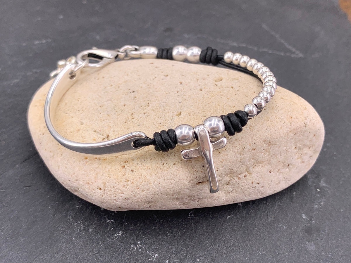 Bohemian leather and silver half cuff, cross beaded hippie bracelet, custom handmade jewelry