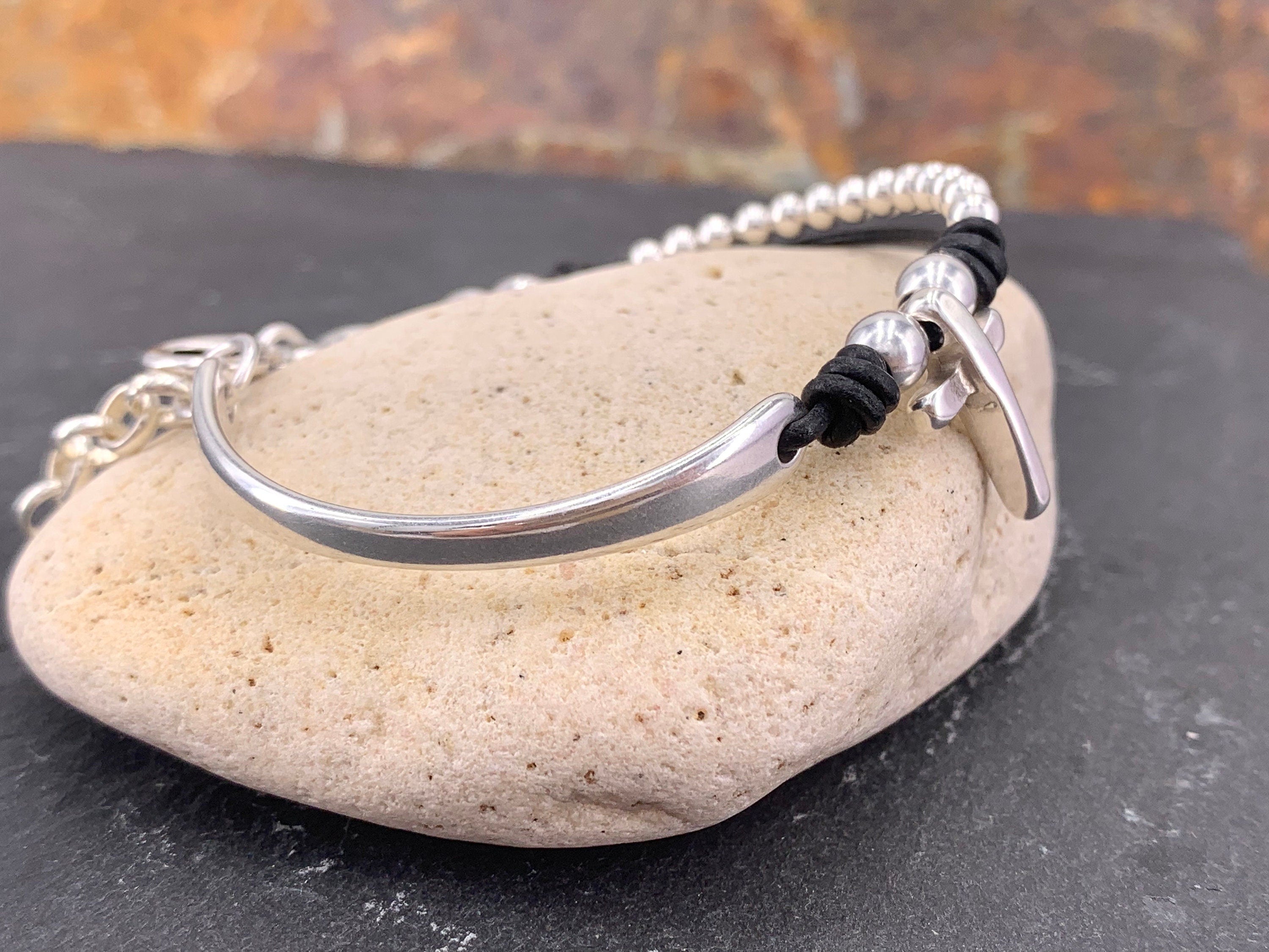 Bohemian leather and silver half cuff, cross beaded hippie bracelet, custom handmade jewelry