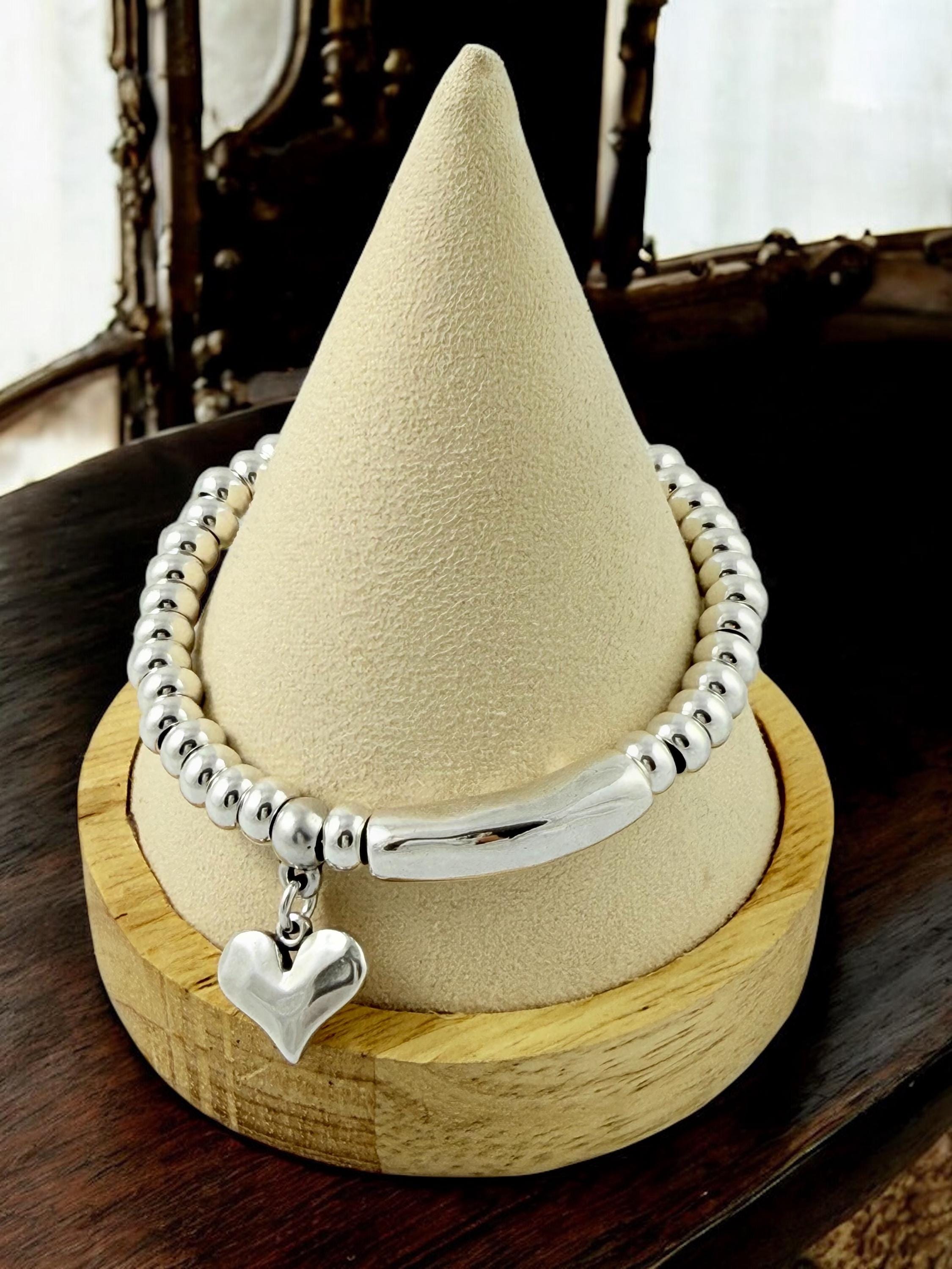 Chunky silver beaded bracelet with central tube charm and heart pendant, Heart pendant silver chunky bracelet, special gift for women