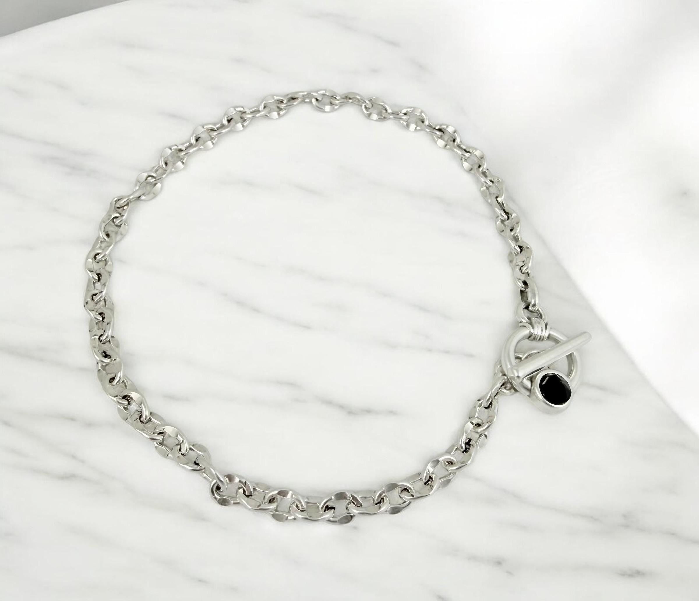 Silver chunky toggle necklace, chain necklace with Swarovski crystal, gift for her, , bold chain choker