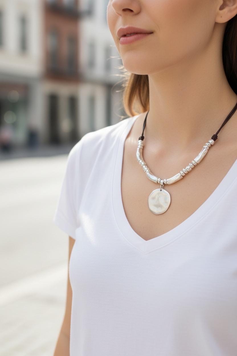 Chunky silver necklace, women necklace, disc pendant necklace, bohemian necklace, leather necklace, bold silver necklace, gift for her,
