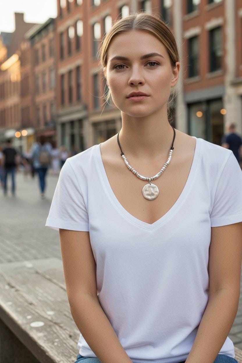 Chunky silver necklace, women necklace, disc pendant necklace, bohemian necklace, leather necklace, bold silver necklace, gift for her,