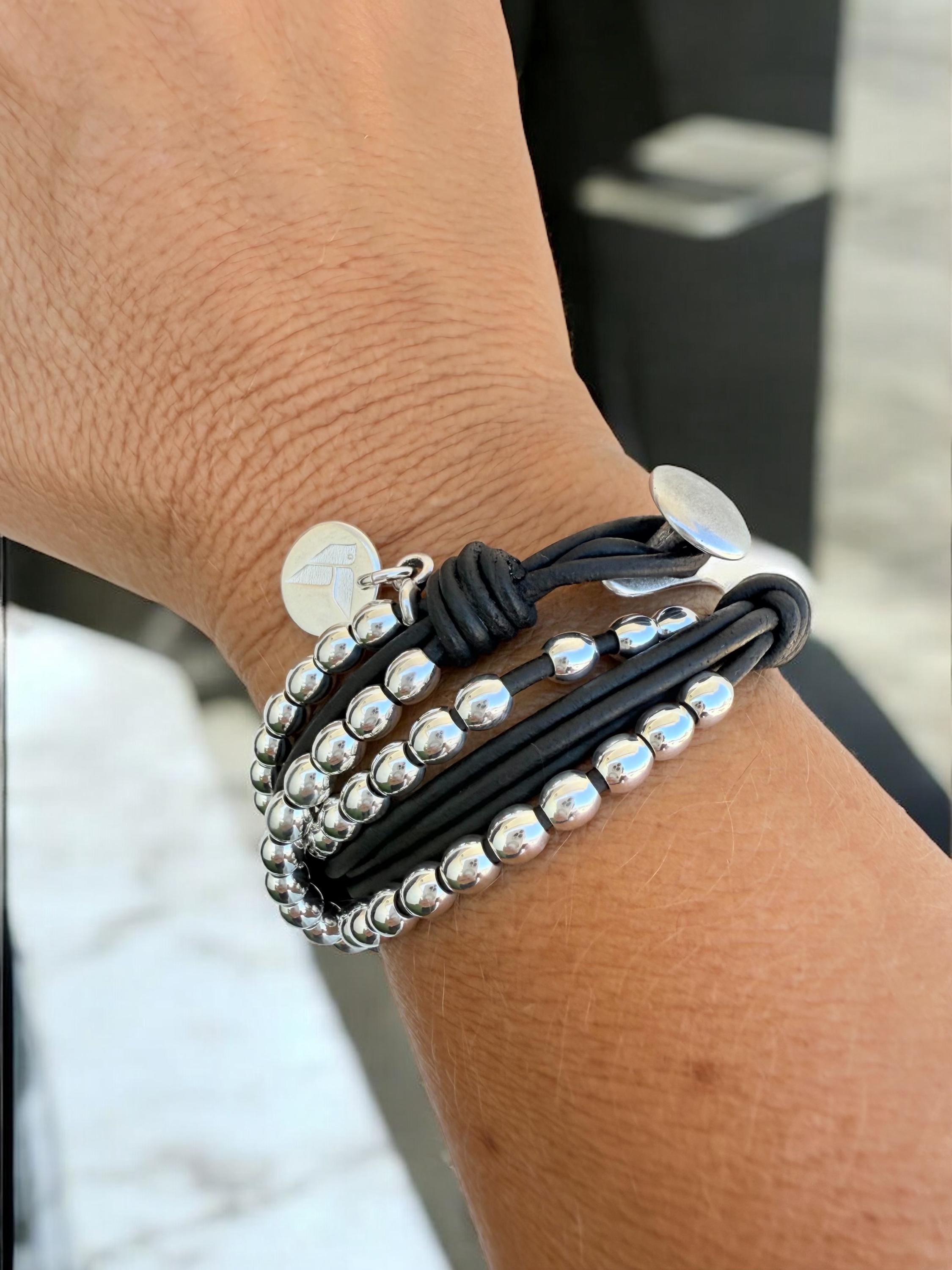 Layered Leather Bracelet with Silver Beads, Handmade Boho Cuff, Bold Chunky Jewelry, Tribal‑Inspired Accessories