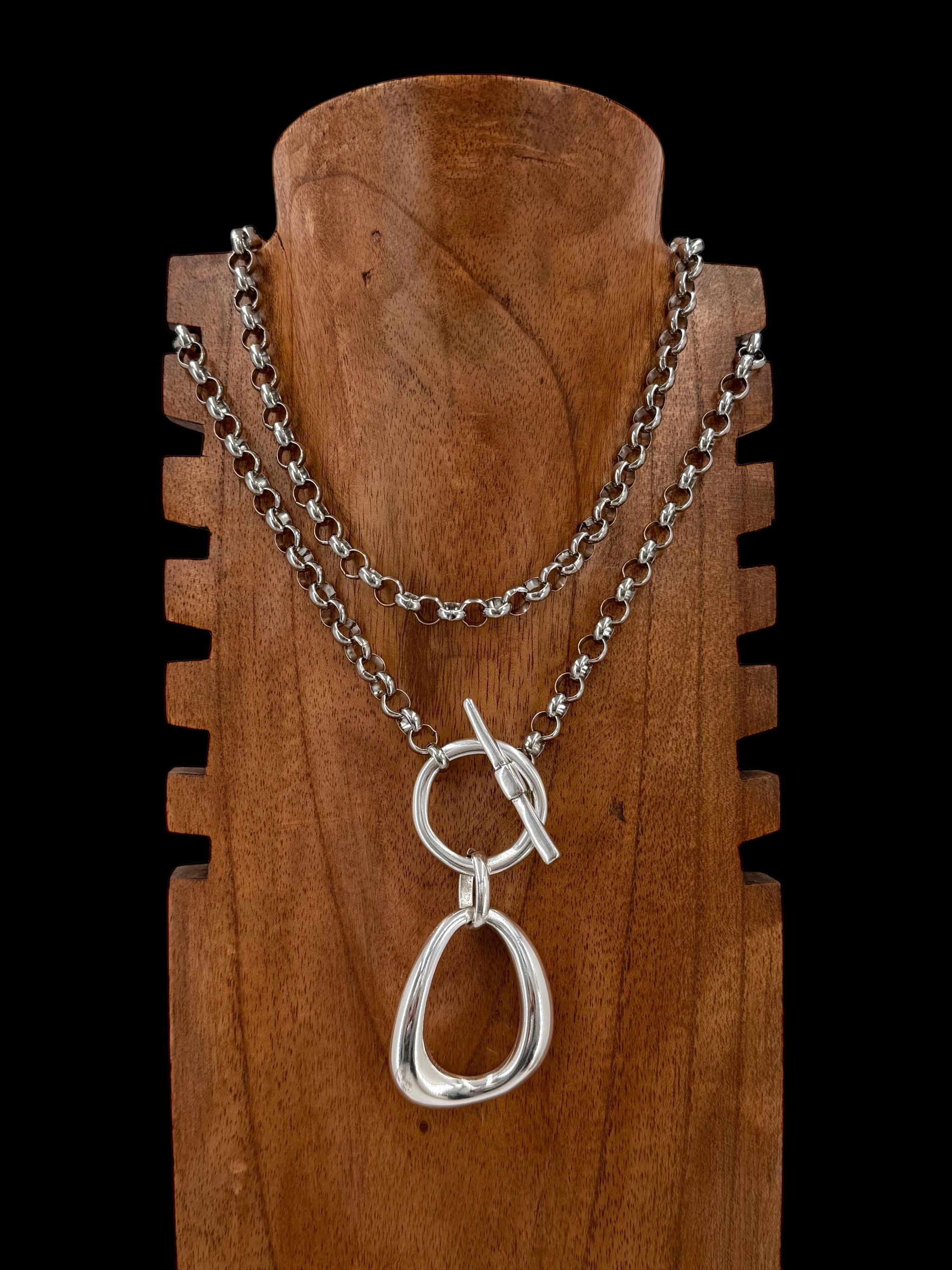 Layered toggle clasp statement pendant necklace, large o double chain versatile design, custom jewelry