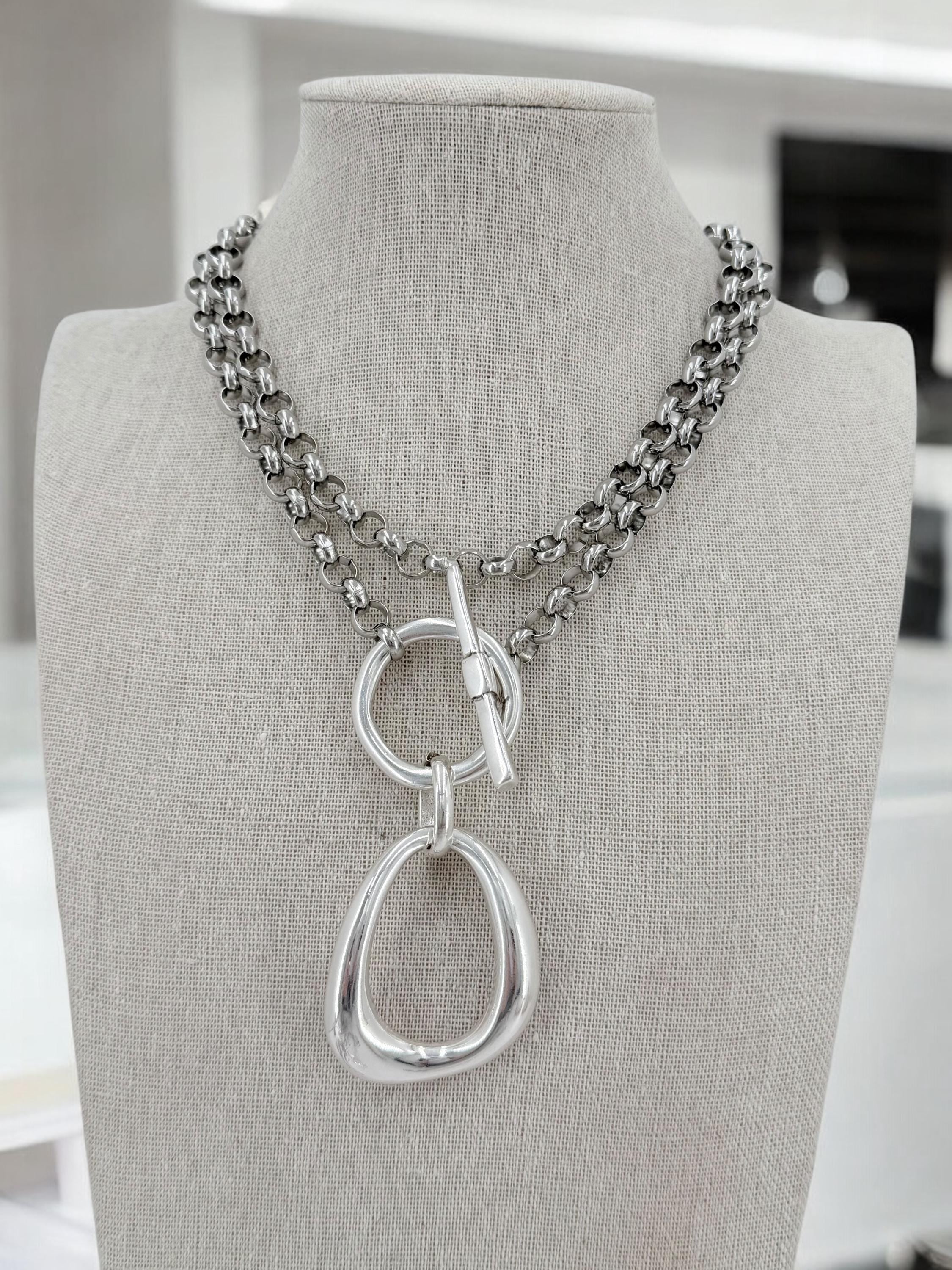 Layered toggle clasp statement pendant necklace, large o double chain versatile design, custom jewelry