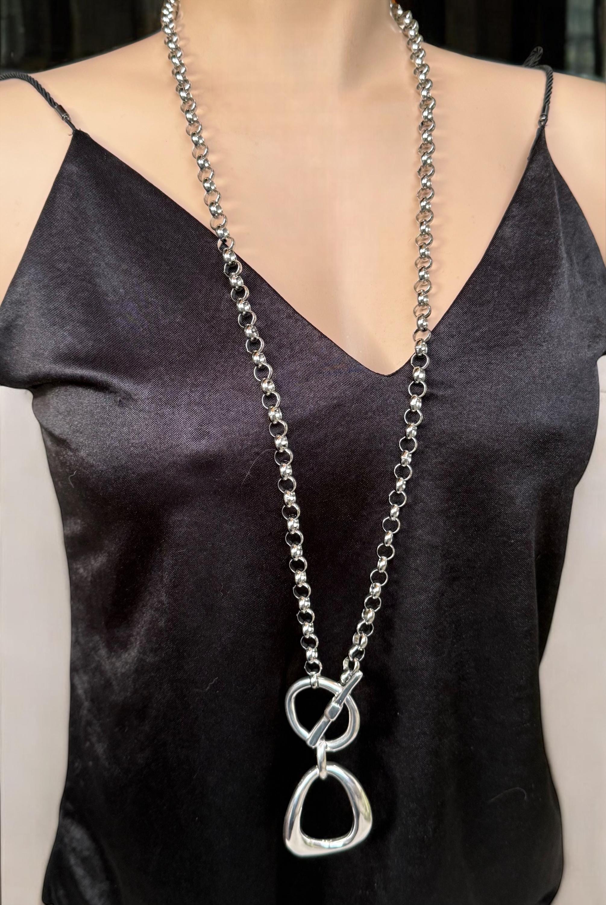 Layered toggle clasp statement pendant necklace, large o double chain versatile design, custom jewelry