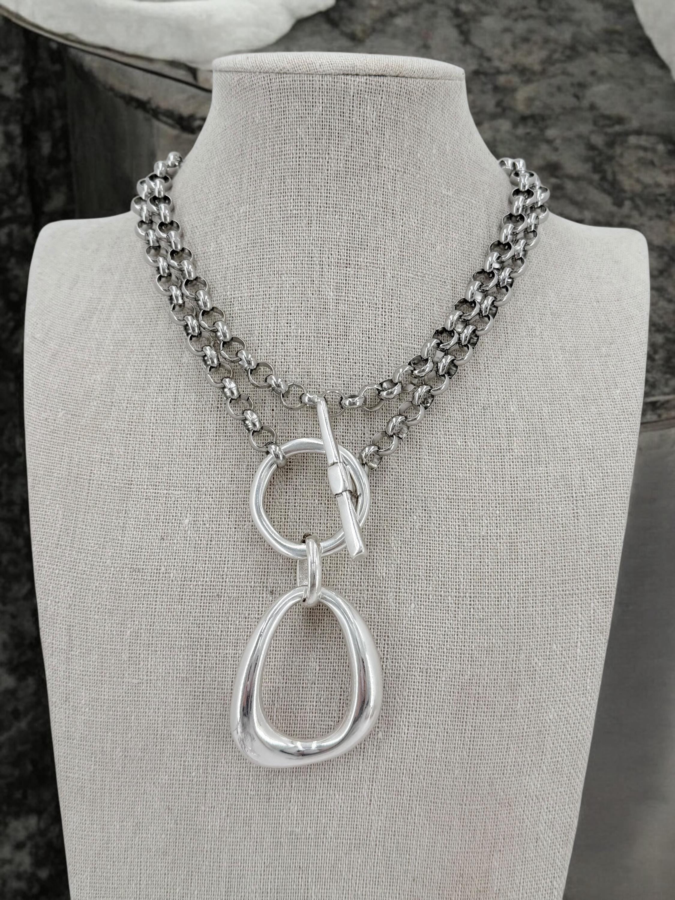 Layered toggle clasp statement pendant necklace, large o double chain versatile design, custom jewelry