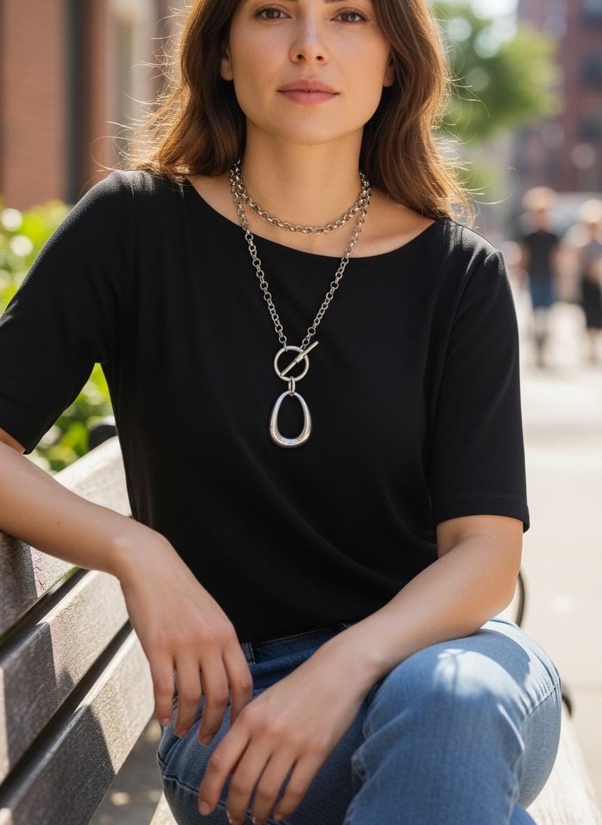 Layered toggle clasp statement pendant necklace, large o double chain versatile design, custom jewelry