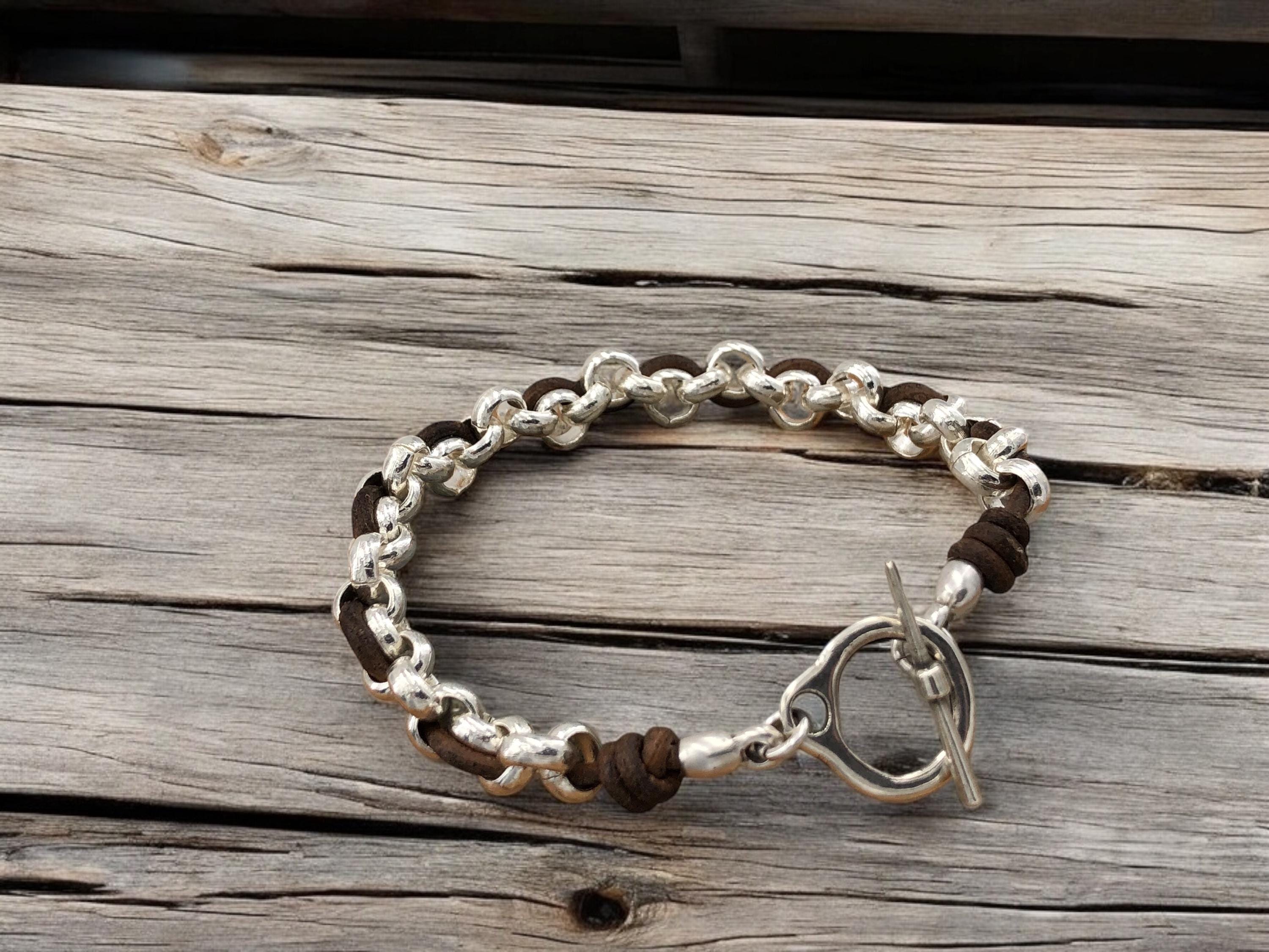 knot leather bracelet, chain and leather bracelet, silver bracelet, chunky silver and leather bracelet, toggle chain chunky bracelet,