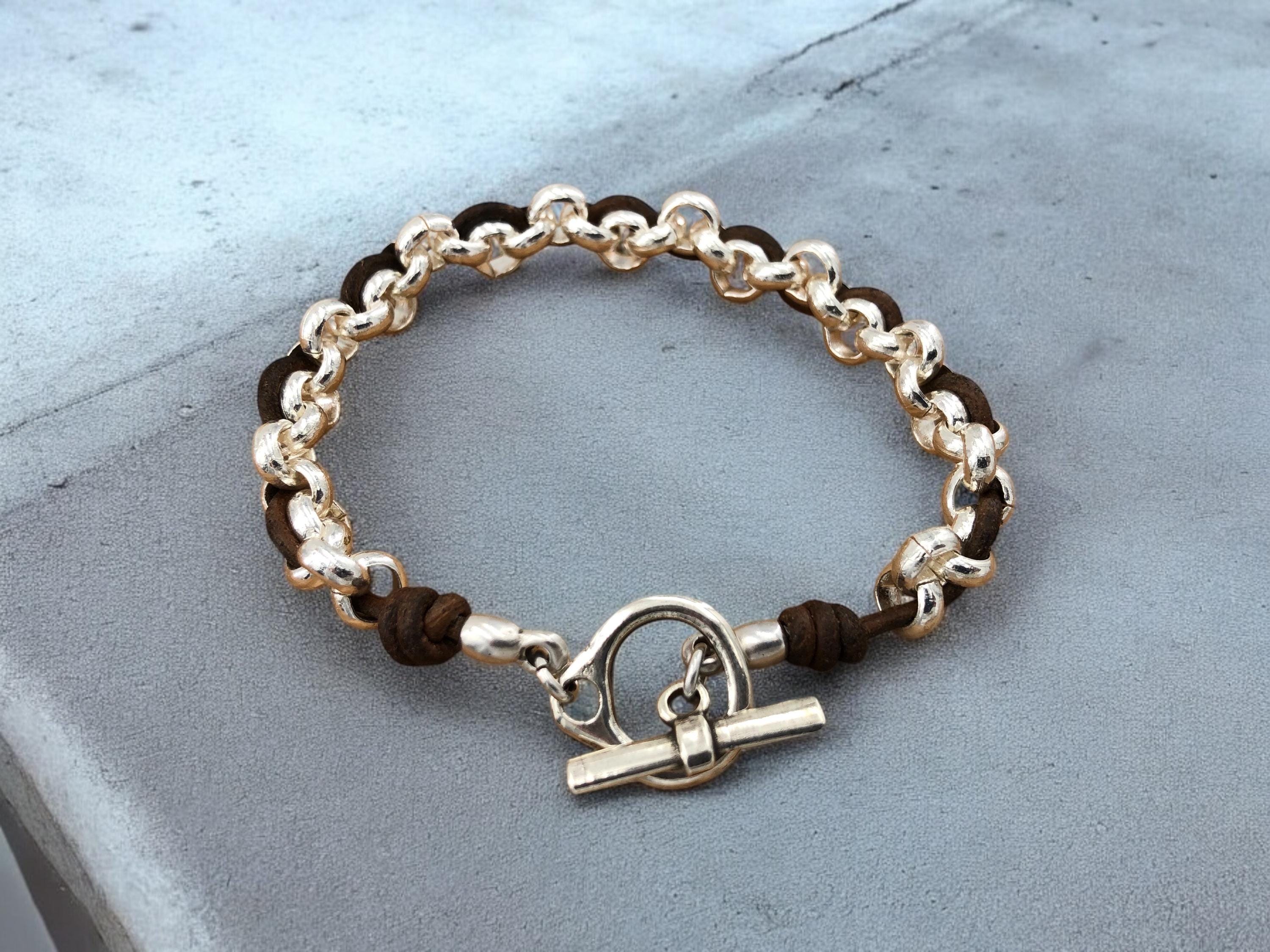 knot leather bracelet, chain and leather bracelet, silver bracelet, chunky silver and leather bracelet, toggle chain chunky bracelet,